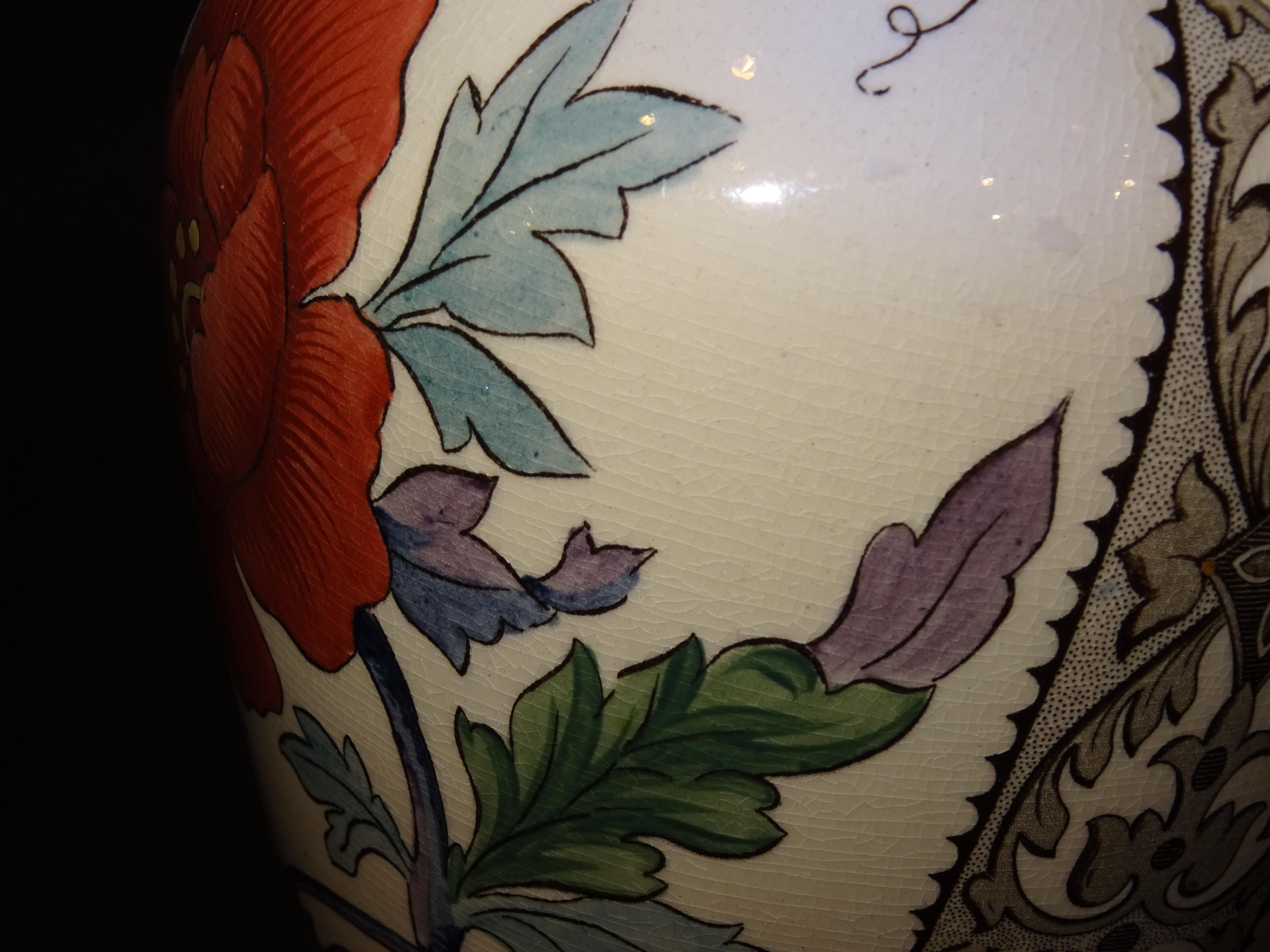 19th French Ceramice Floral Vases, Gien, Pair of Vases, Red and Purple Poppies 4