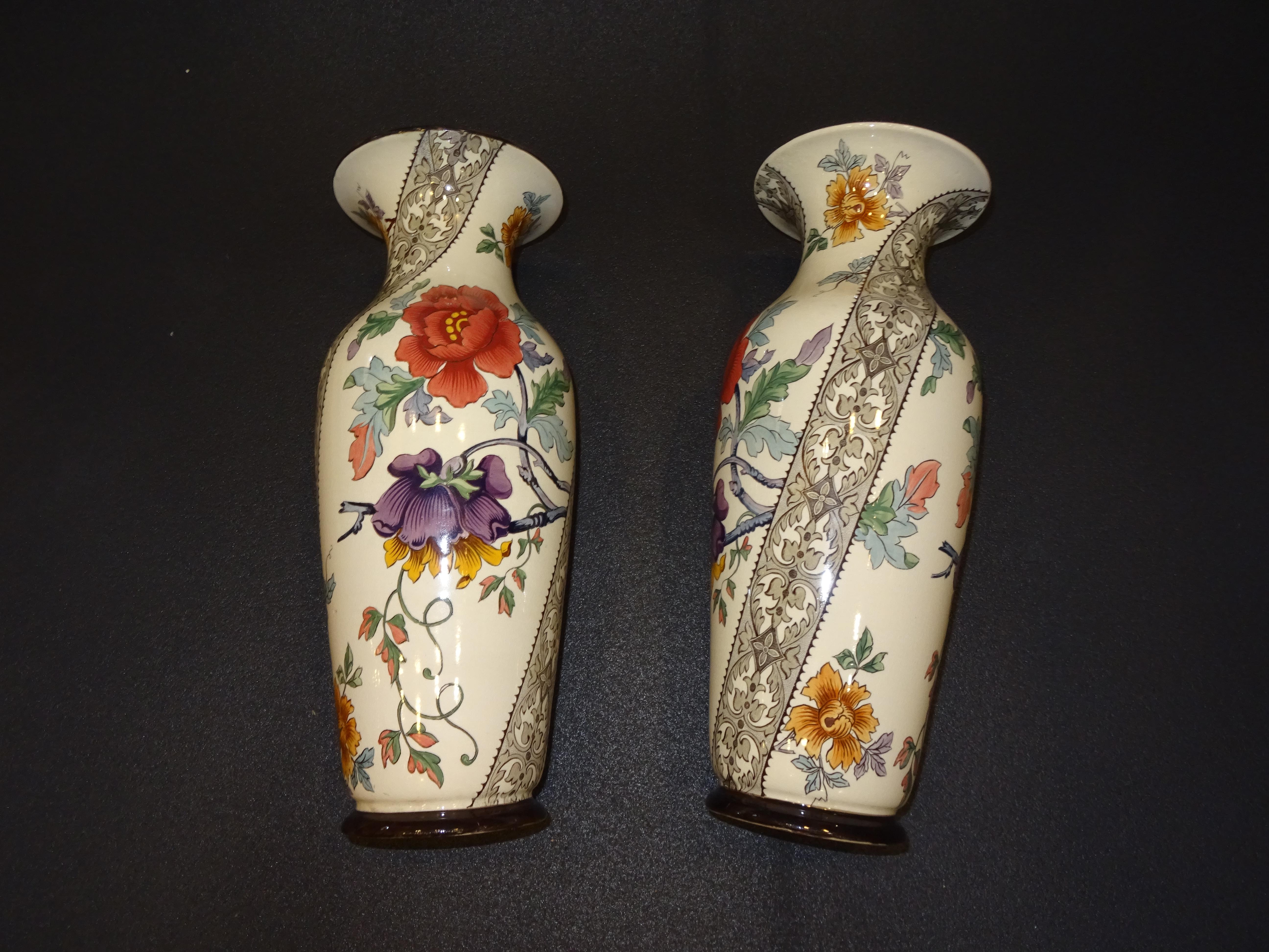 19th French Ceramice Floral Vases, Gien, Pair of Vases, Red and Purple Poppies 9