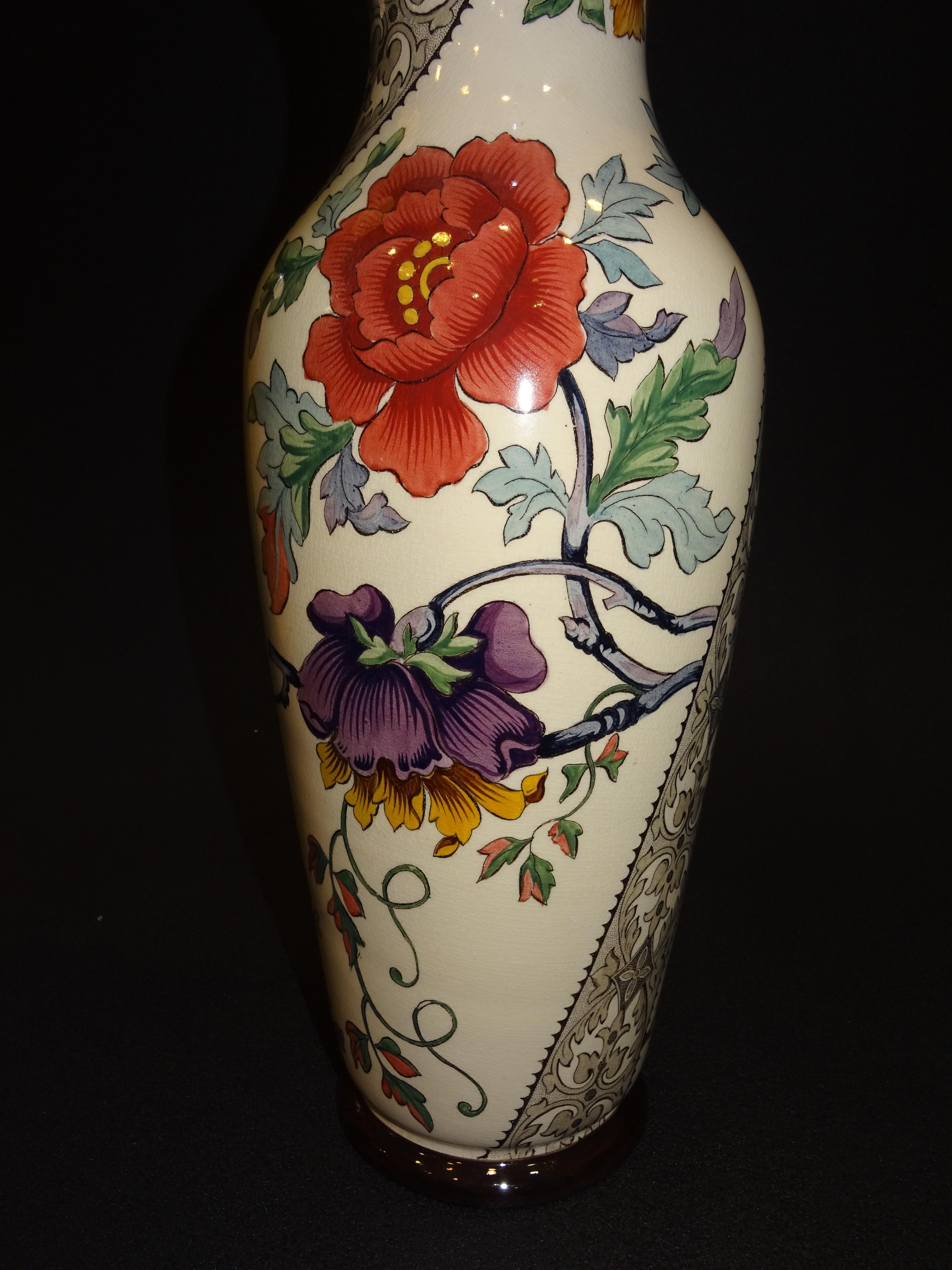 19th French Ceramice Floral Vases, Gien, Pair of Vases, Red and Purple Poppies 12