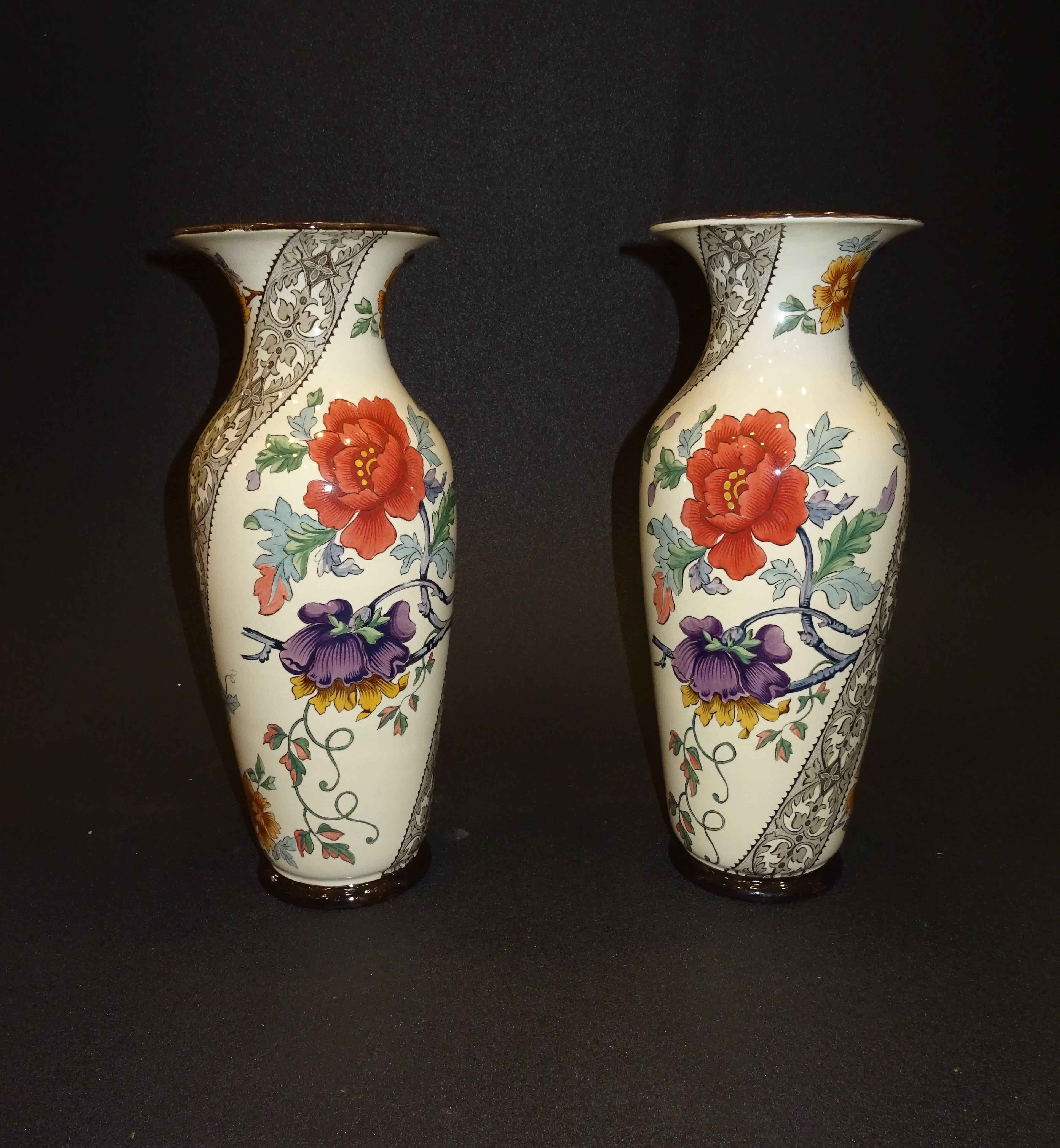19th French Ceramice Floral Vases, Gien, Pair of Vases, Red and Purple Poppies 13