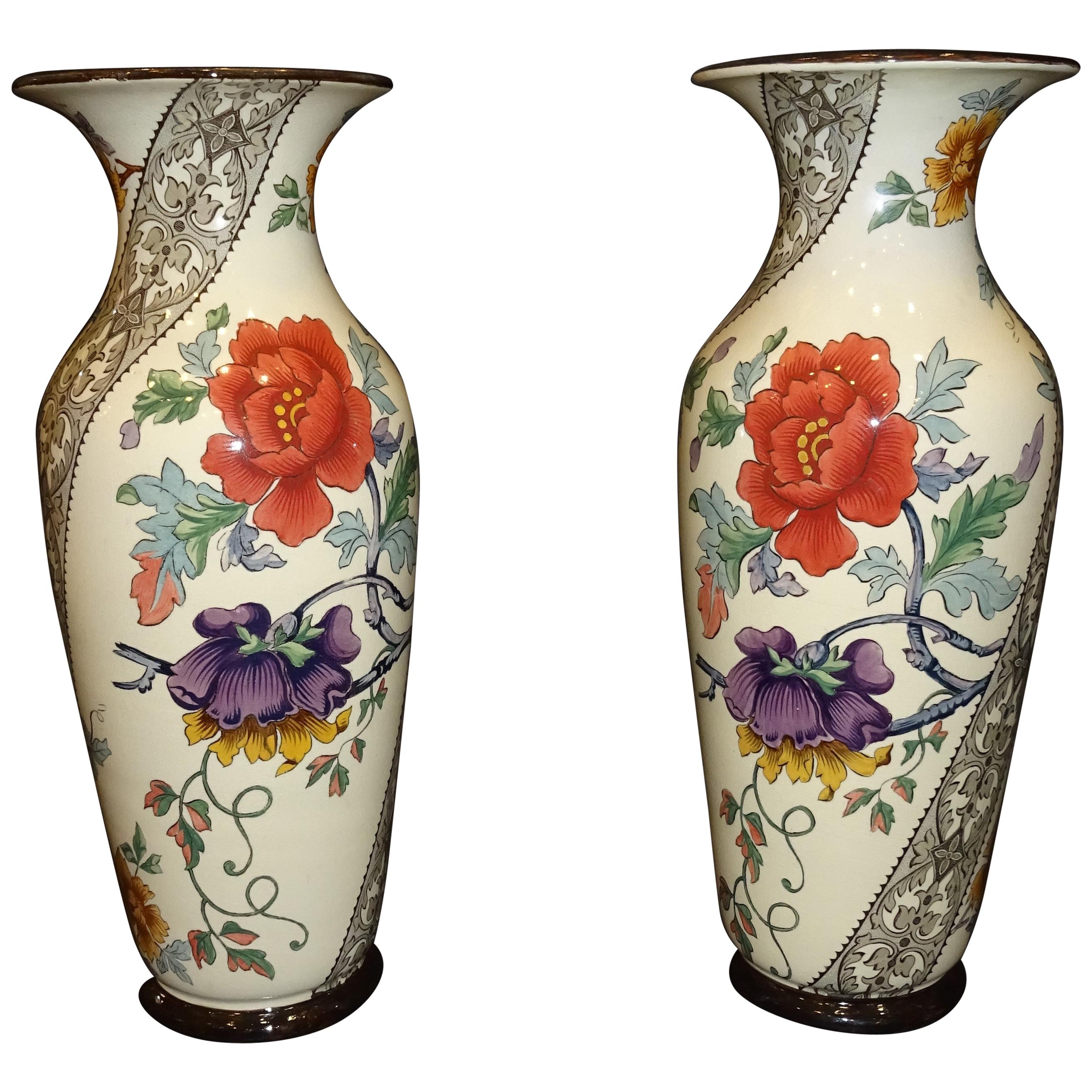 19th French Ceramice Floral Vases, Gien, Pair of Vases, Red and Purple Poppies