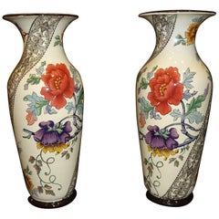 19th French Ceramice Floral Vases, Gien, Pair of Vases, Red and Purple Poppies