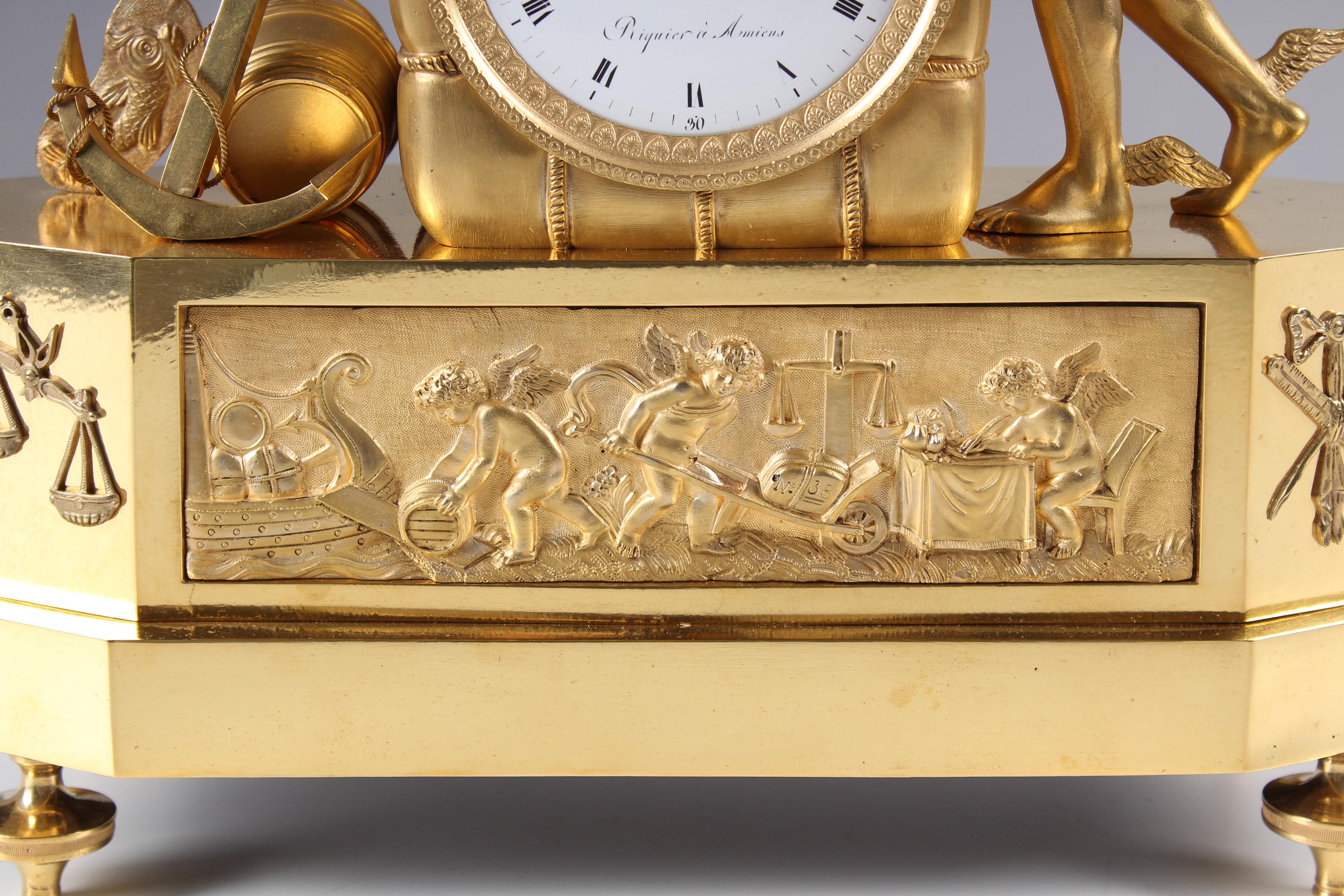 19th Century 19th French Empire Mantel Clock, Pendule, Mercury, Gilded Bronze, circa 1815 For Sale