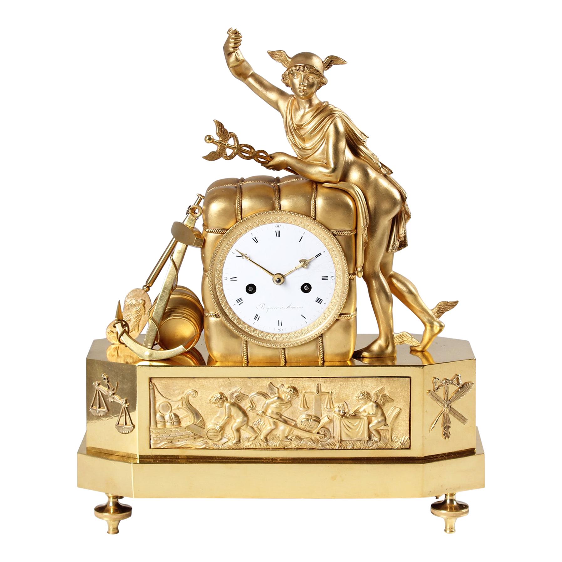 19th French Empire Mantel Clock, Pendule, Mercury, Gilded Bronze, circa 1815 For Sale