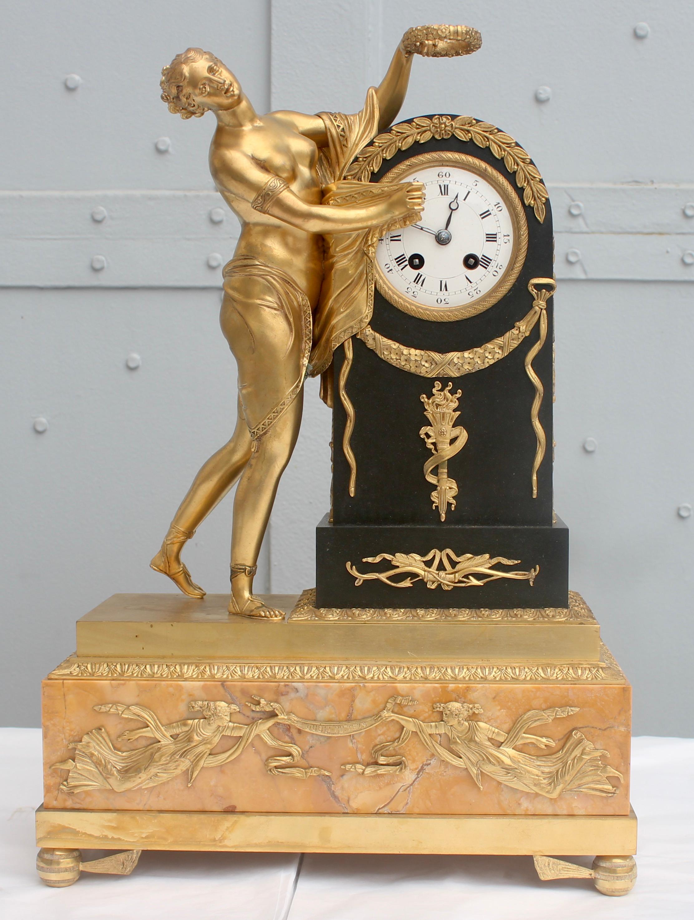 19th French Empire Ormolu and Patinated Bronze Three-Piece Clock Garniture 7