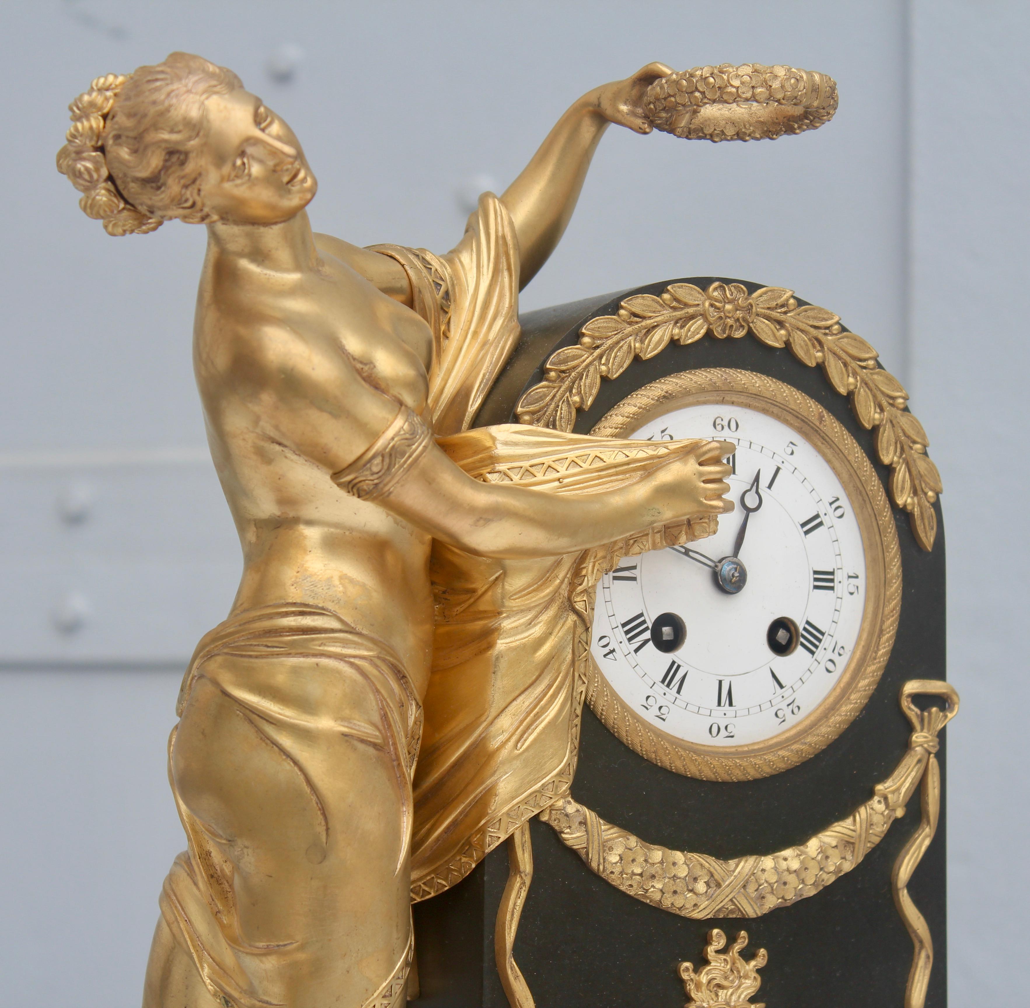 19th French Empire Ormolu and Patinated Bronze Three-Piece Clock Garniture 8
