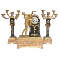 19th French Empire Ormolu and Patinated Bronze Three-Piece Clock Garniture