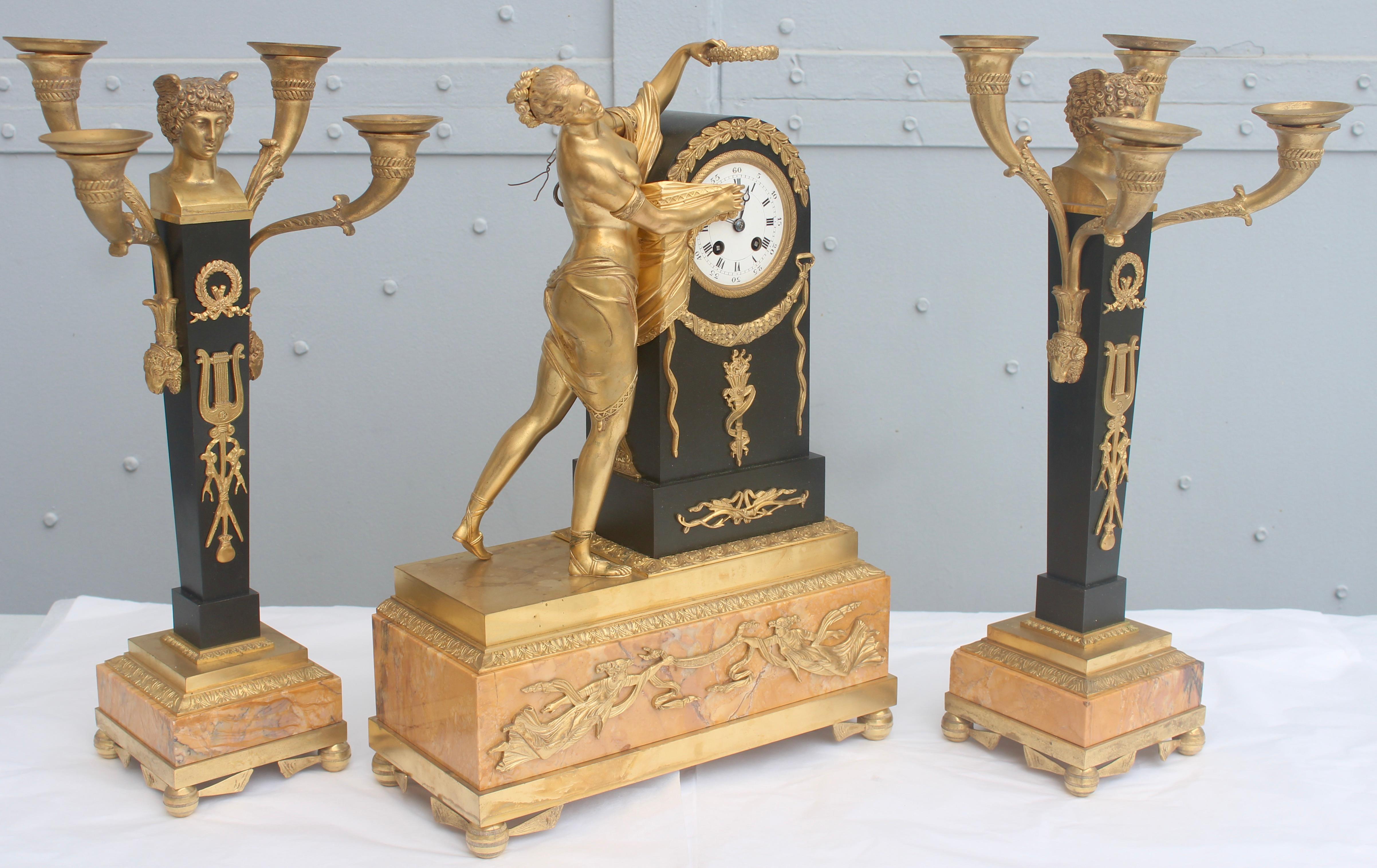 Mid-19th Century 19th French Empire Ormolu and Patinated Bronze Three-Piece Clock Garniture