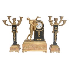 19th French Empire Ormolu and Patinated Bronze Three-Piece Clock Garniture