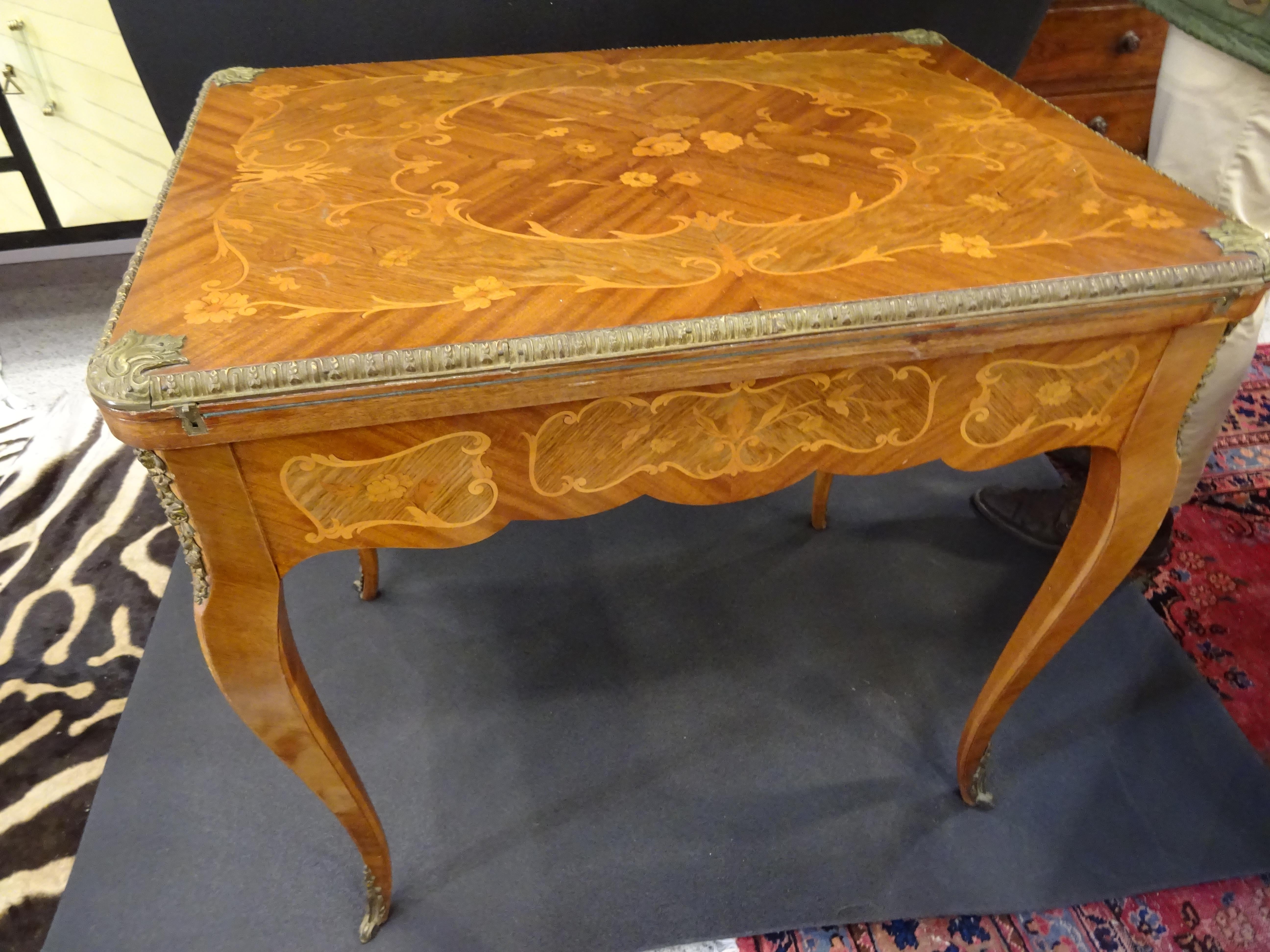 Hand-Crafted 19th Century French Game Table, Napoleon III, Carved and Inlaid Wood and Bronzes
