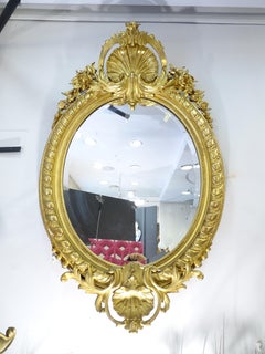 19th French Gildwood Oval Wall Mirror Console Mirror, Floral Carved Wood