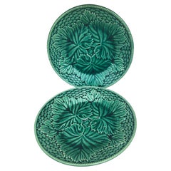19th French Green Majolica Leaves Plate Gien