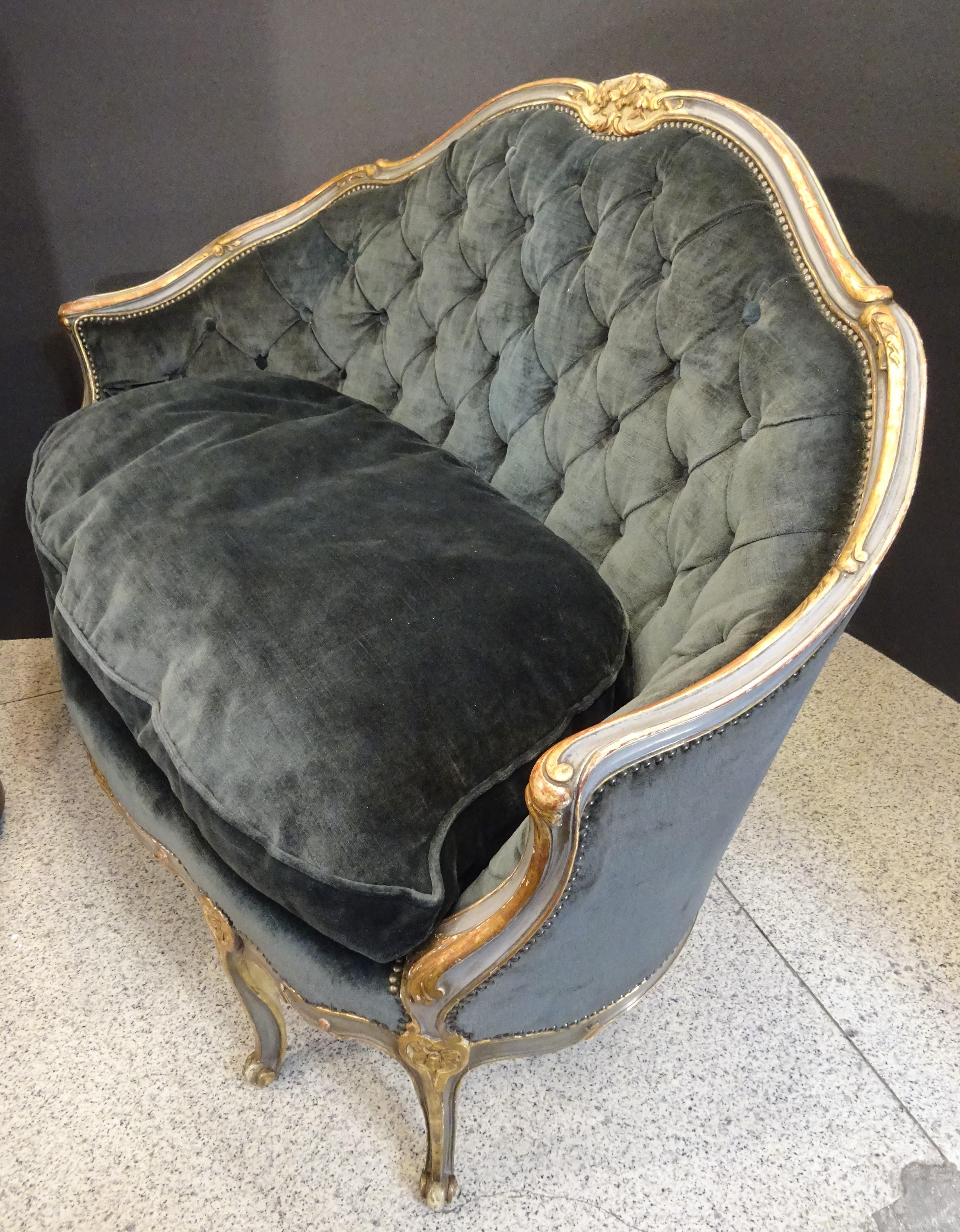 19th French Grey Corbeille Sofa Grey Velvet Grey Hand Painted Wood Napoleon III 13