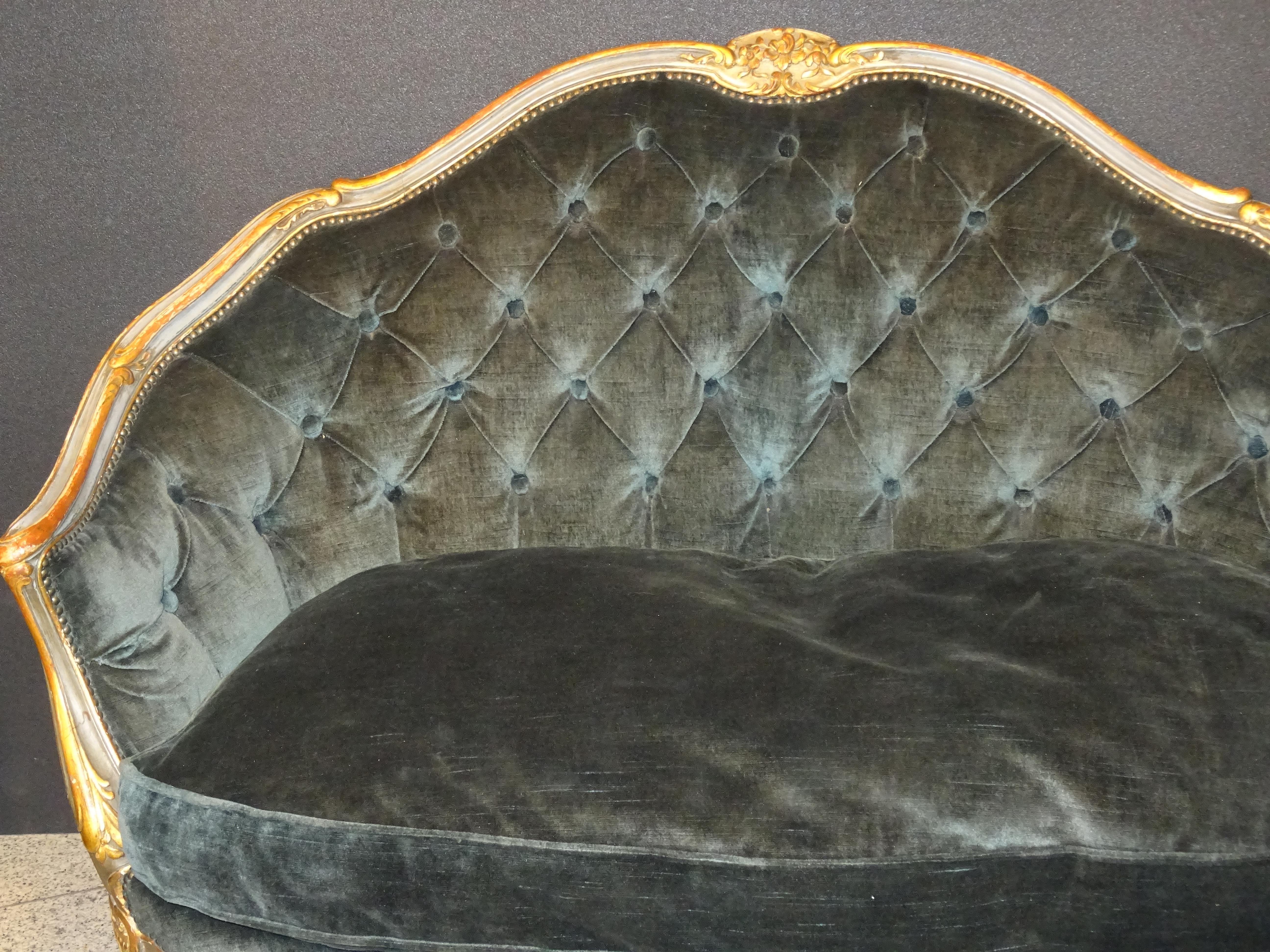 Hand-Crafted 19th French Grey Corbeille Sofa Grey Velvet Grey Hand Painted Wood Napoleon III