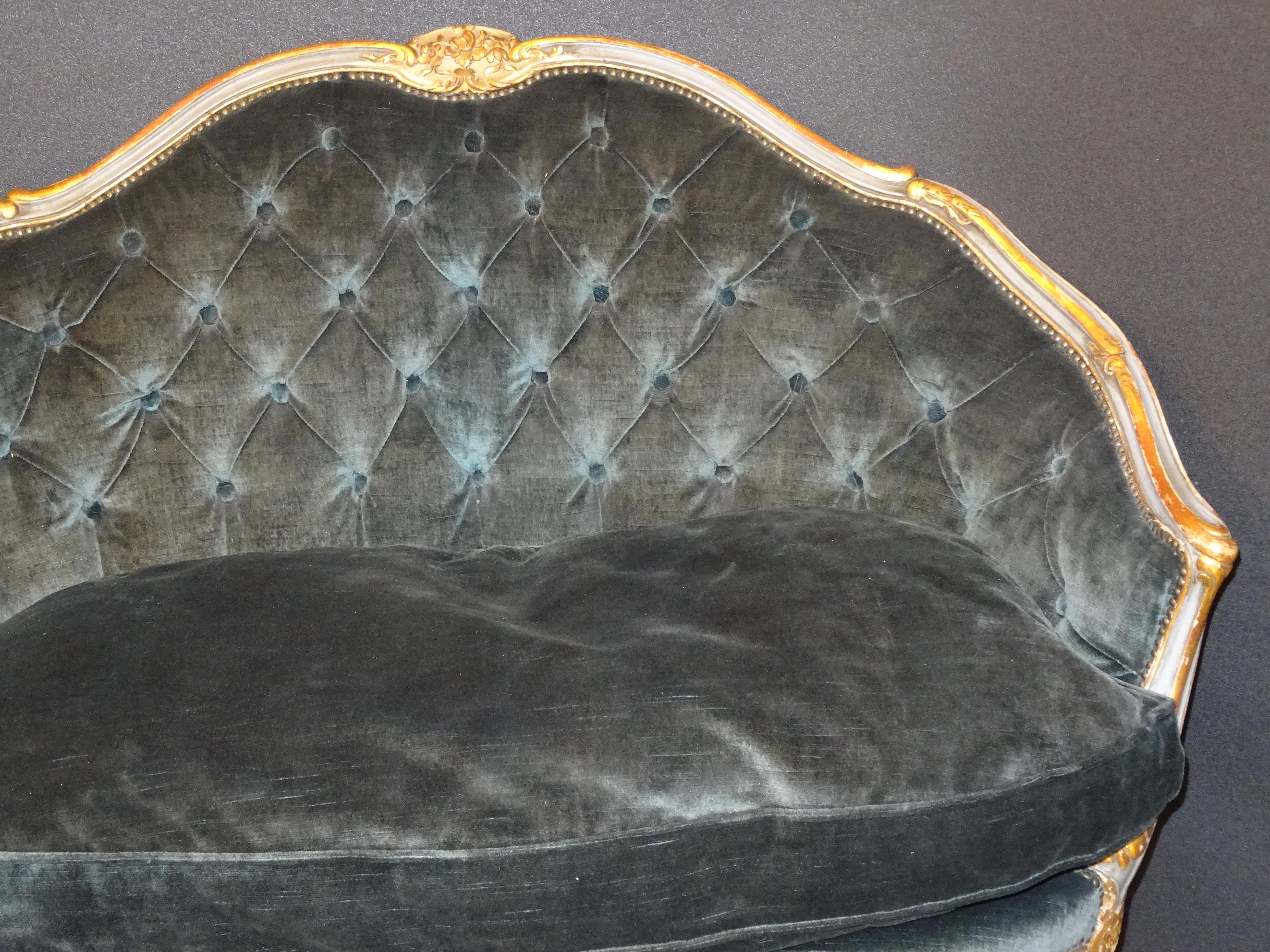 19th French Grey Corbeille Sofa Grey Velvet Grey Hand Painted Wood Napoleon III In Good Condition In Valladolid, ES