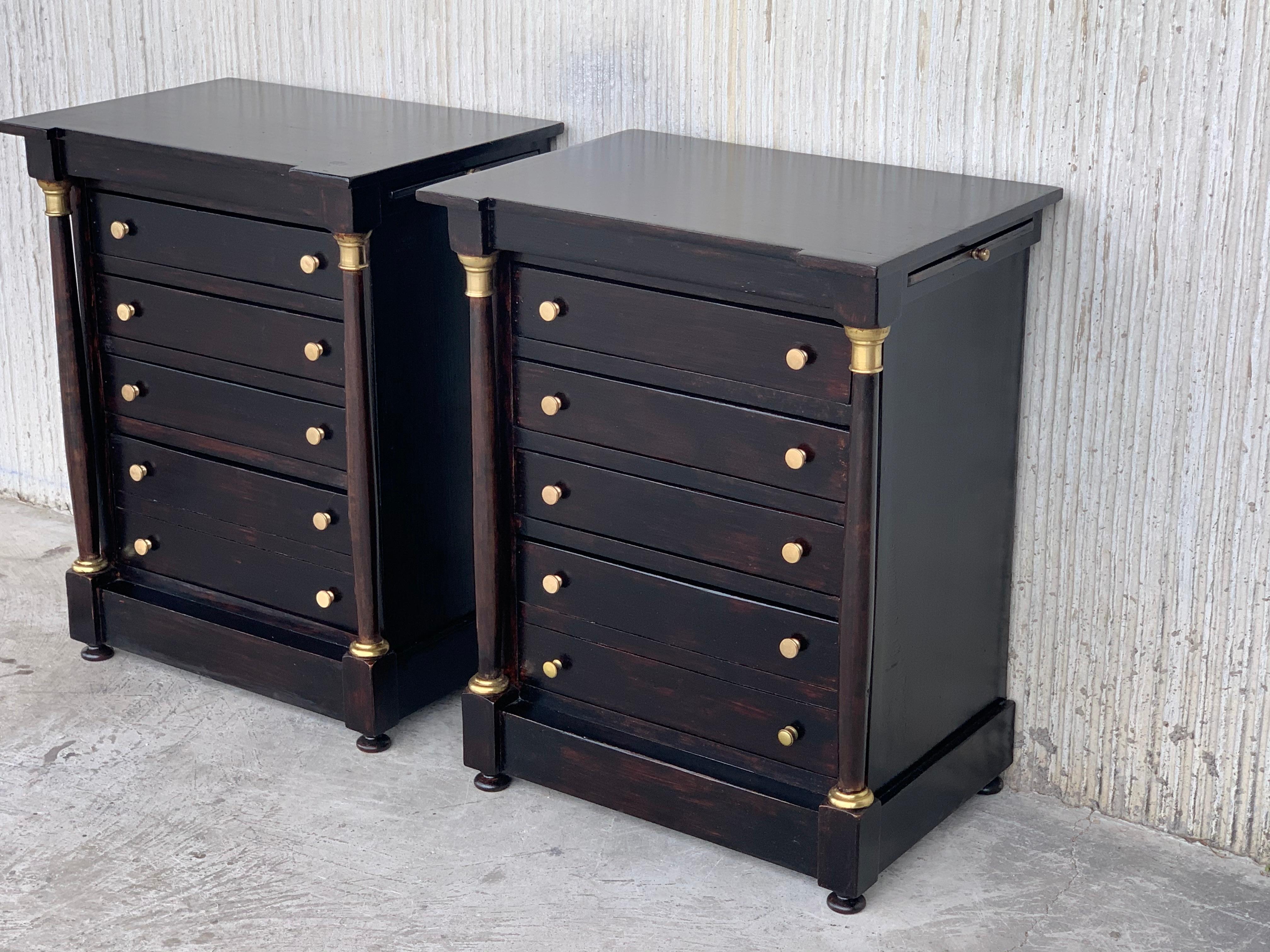 Walnut French Louis XVI Black Ebonized Nightstands or Side Table with Columns