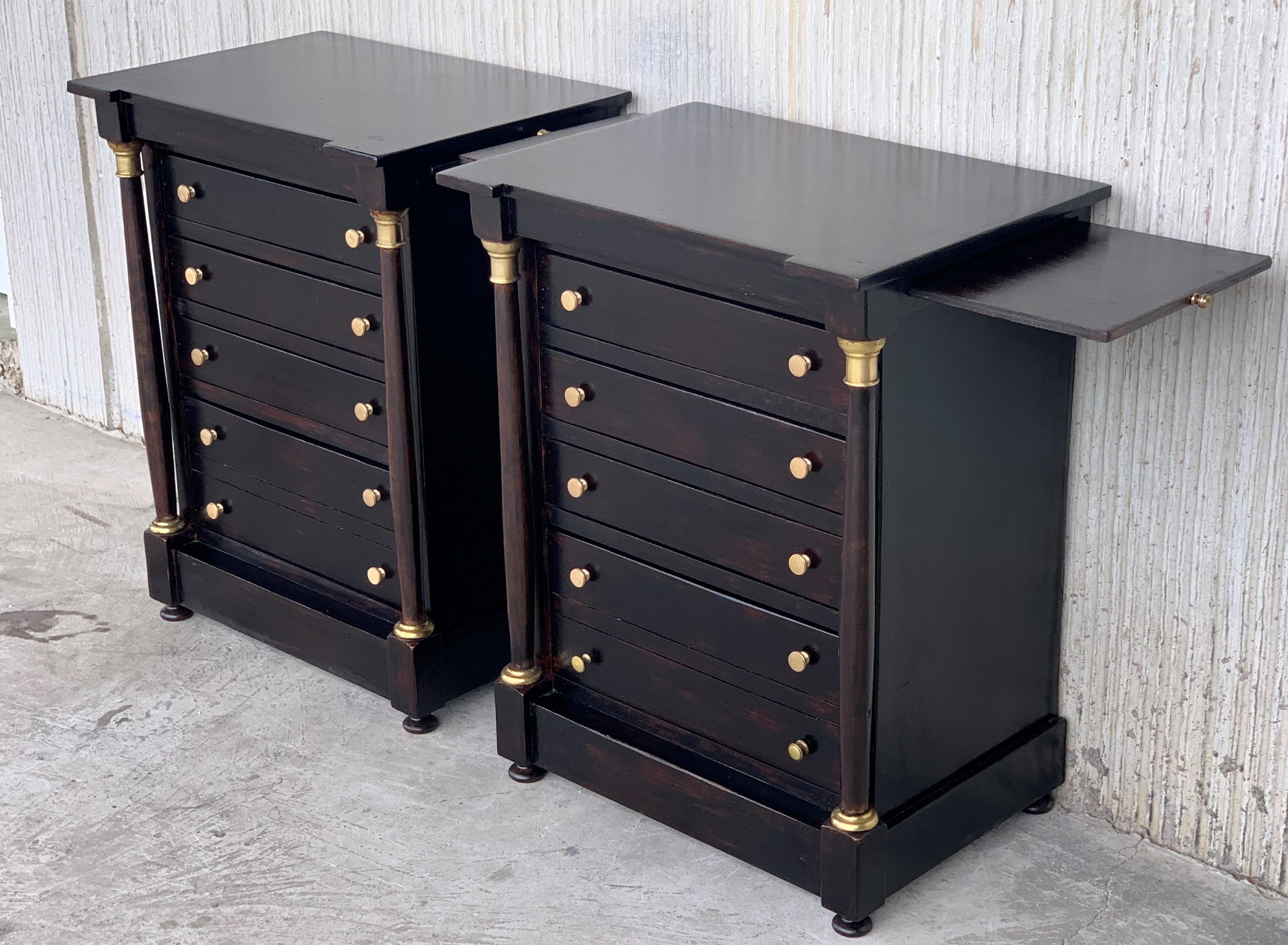 French Louis XVI Black Ebonized Nightstands or Side Table with Columns 1