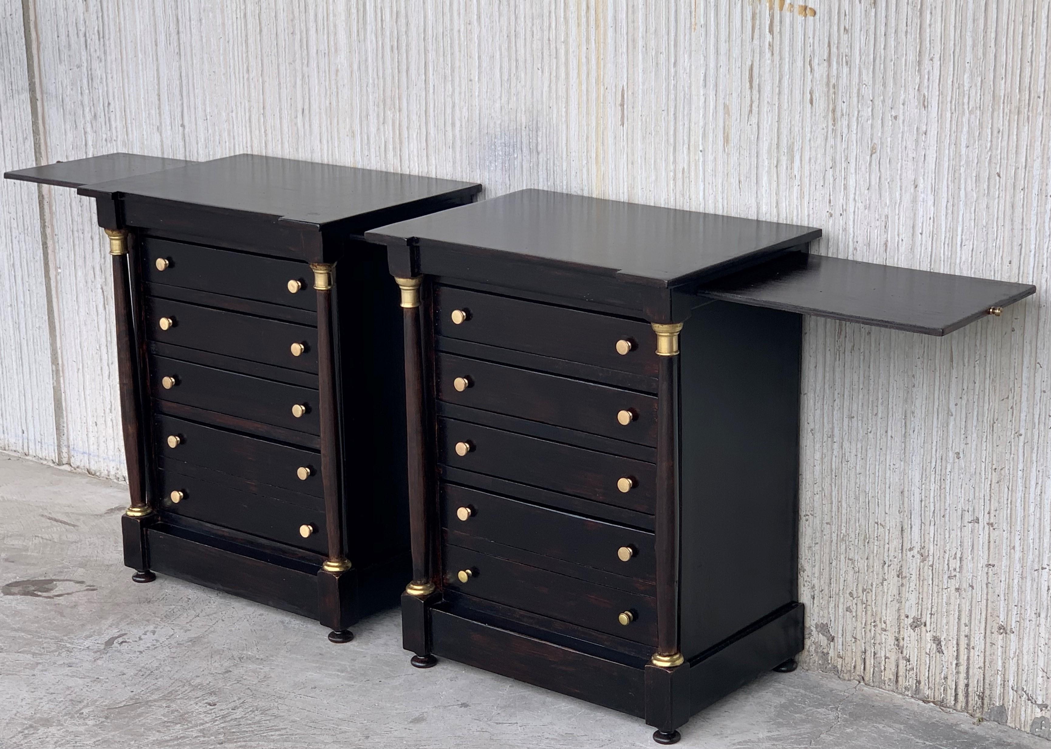 French Louis XVI Black Ebonized Nightstands or Side Table with Columns 2