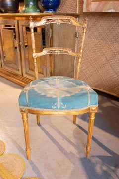 19th French Louis XVI Gilt Chair with Blue Upholstery