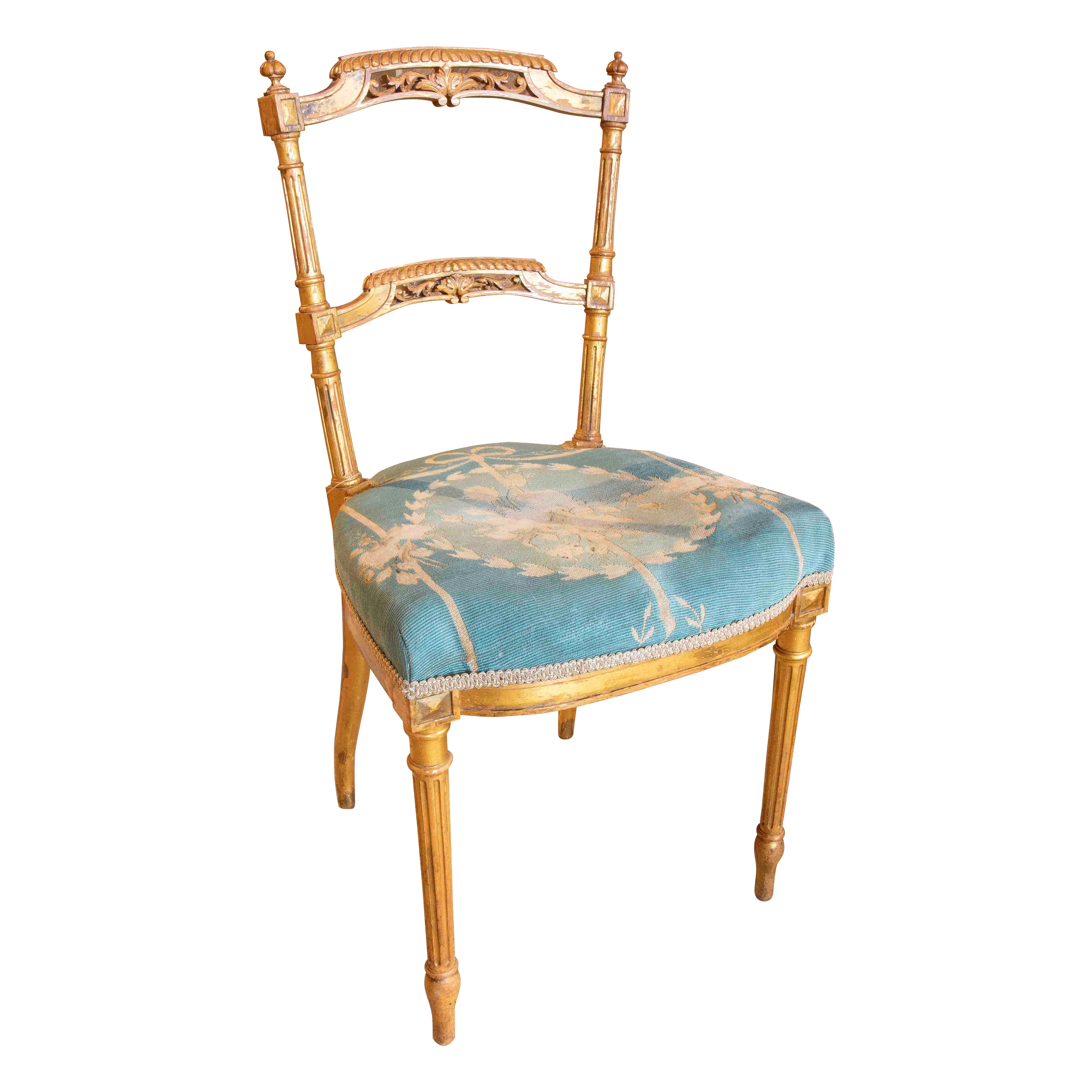 XIX Silla francesa Luis XVI dorada con tapicería azul