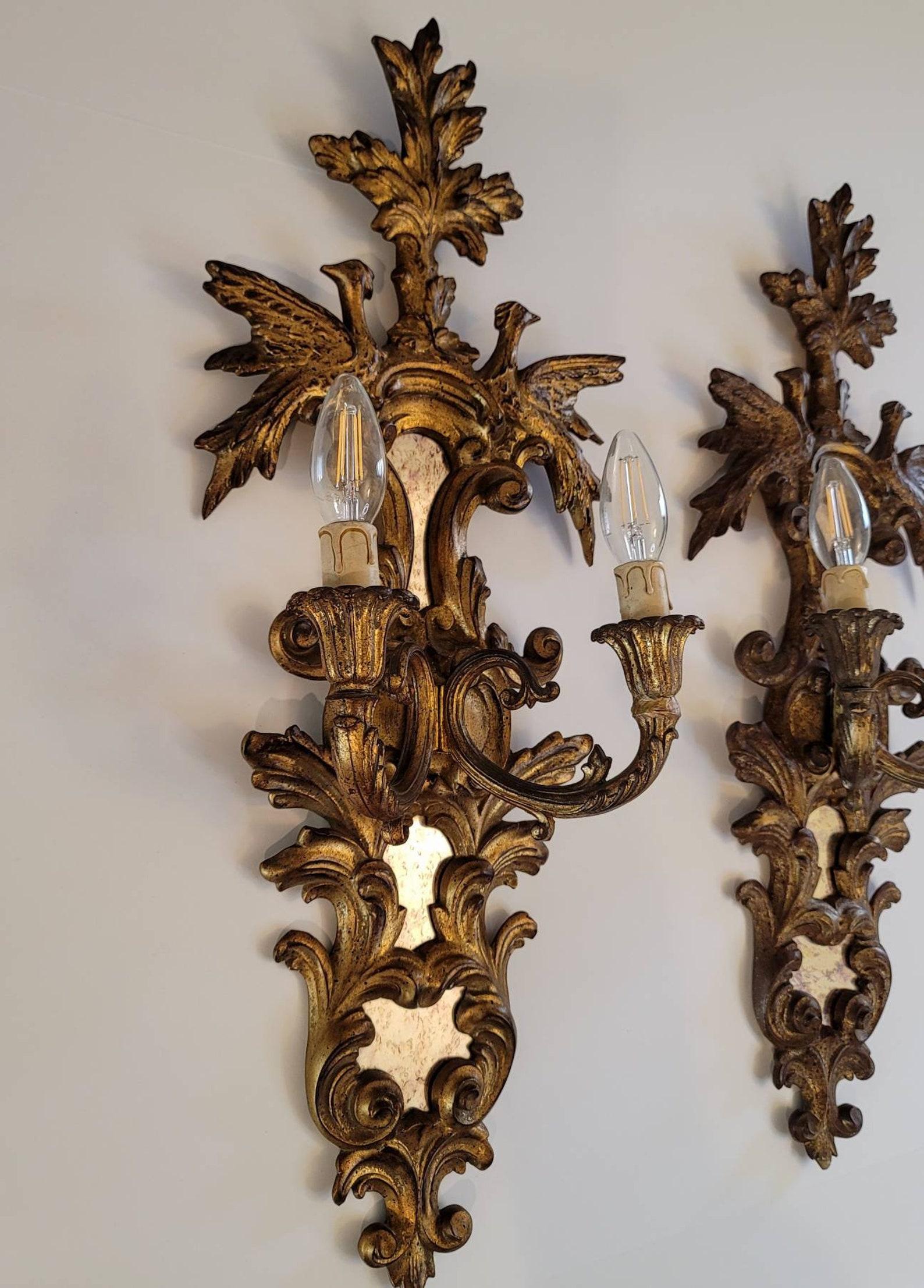 Mirror 19th French Louis XVI Rocaille Giltwood Wall Sconces, A Pair For Sale