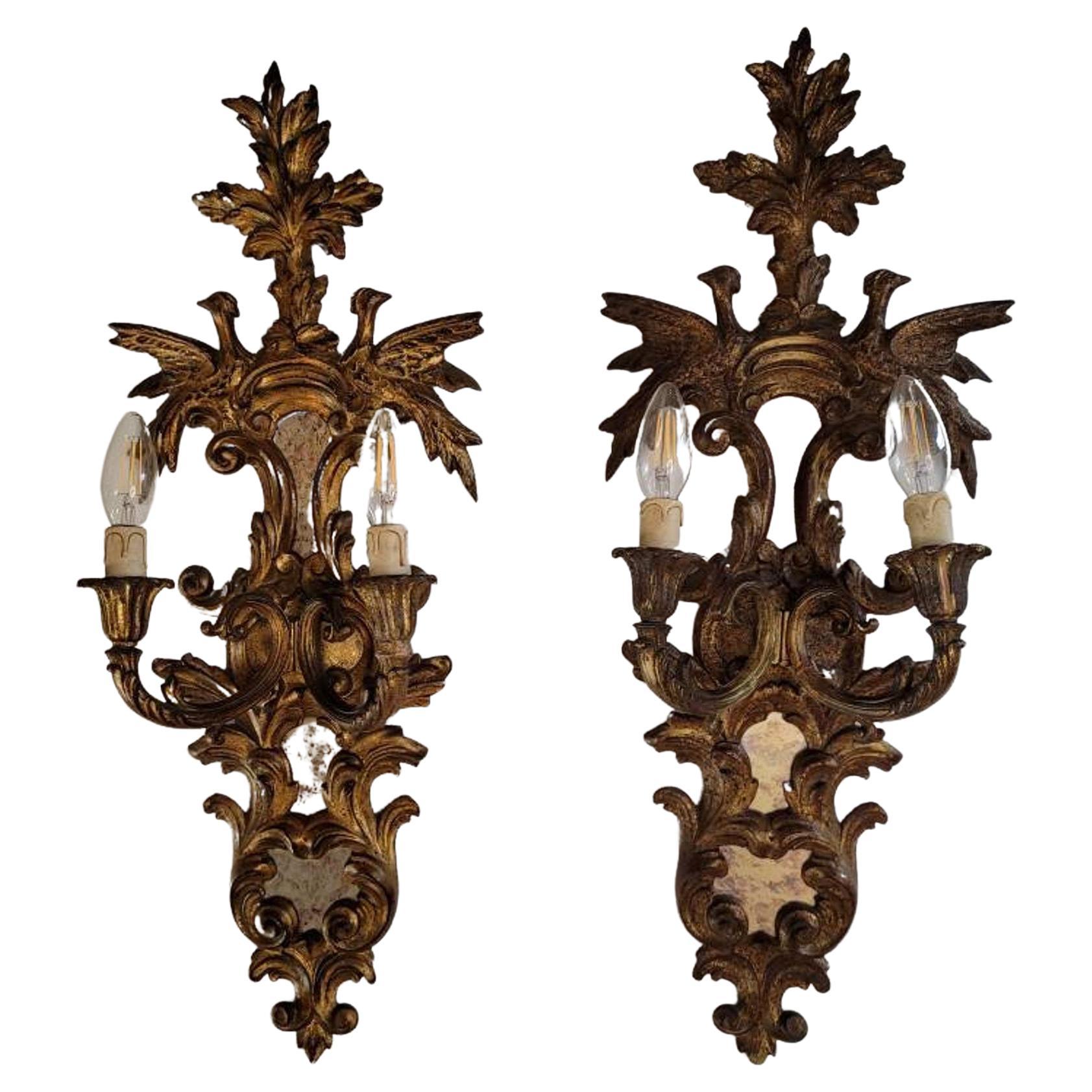 19th French Louis XVI Rocaille Giltwood Wall Sconces, A Pair For Sale