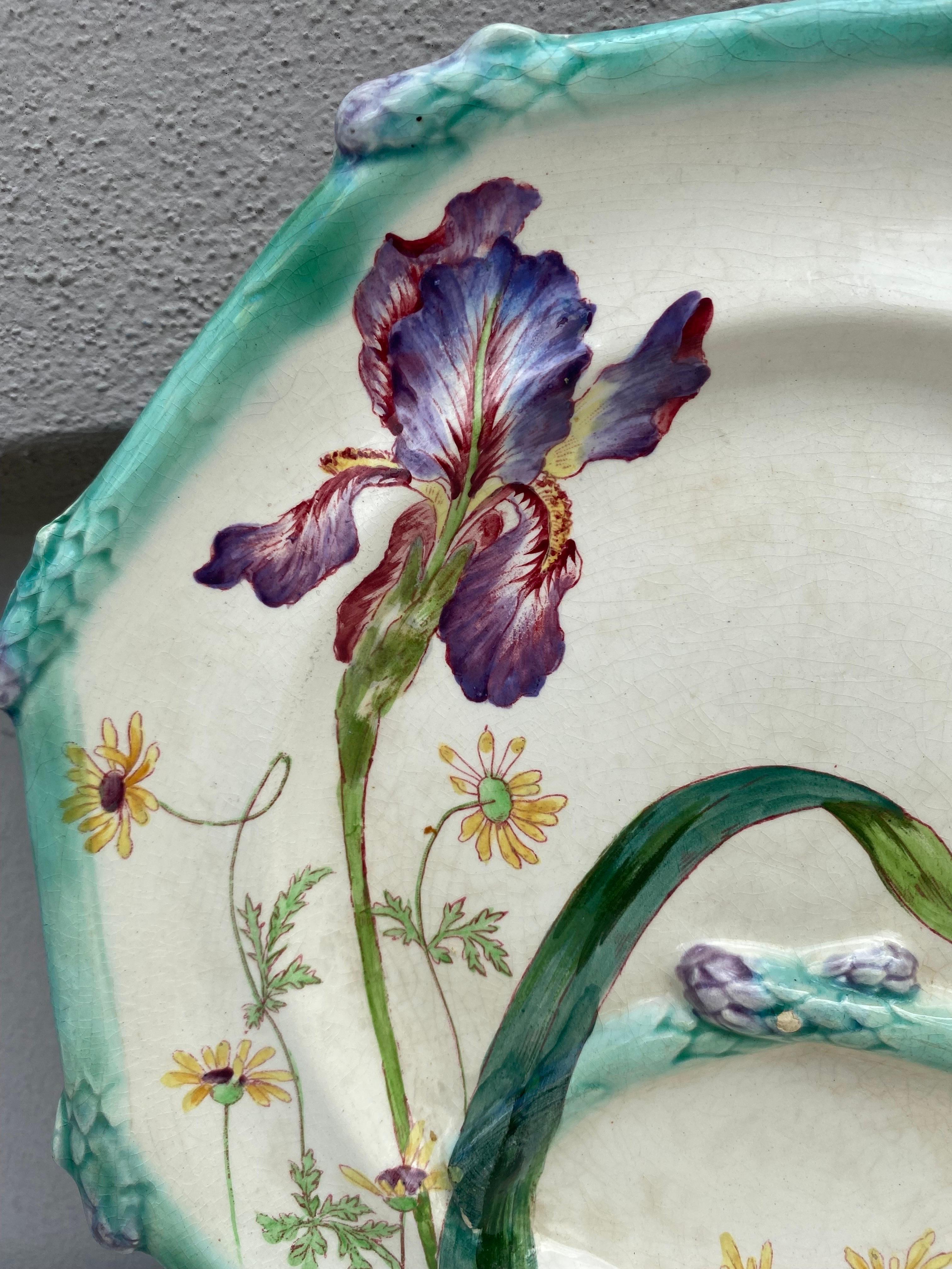 Art Nouveau 19th French Majolica Asparagus Plate Iris Longchamp For Sale