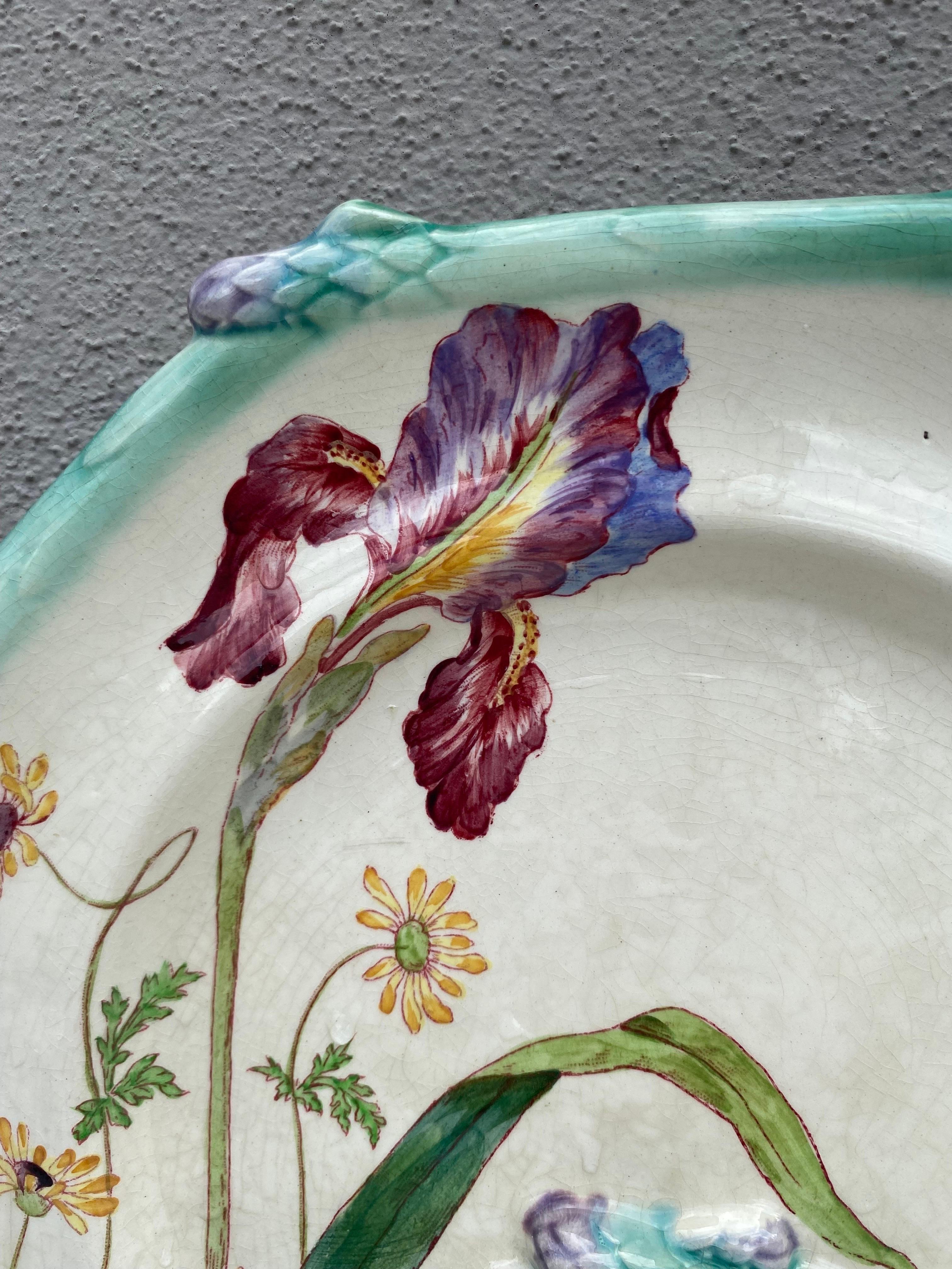 Art Nouveau 19th French Majolica Asparagus Plate Iris Longchamp For Sale