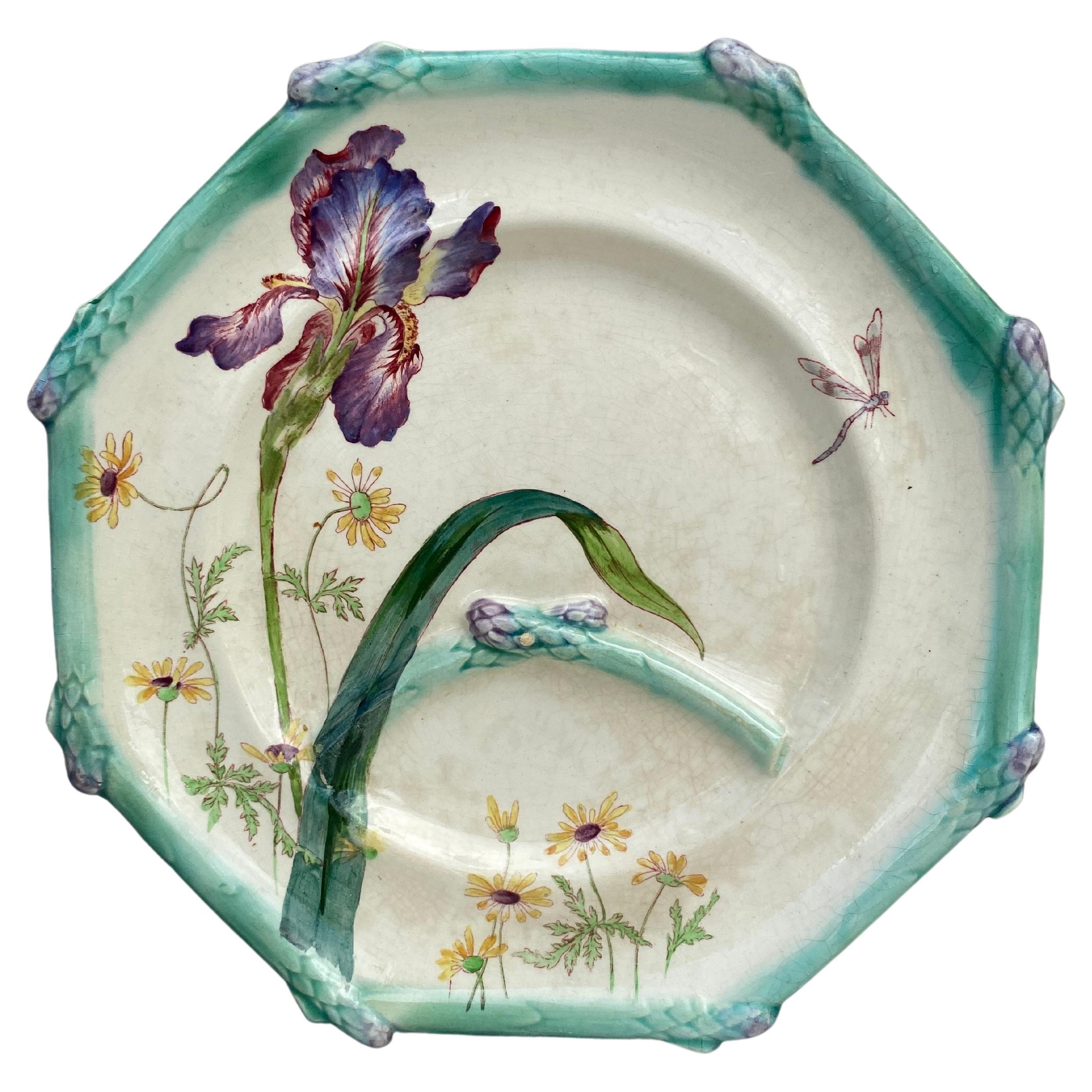 19th French Majolica Asparagus Plate Iris Longchamp For Sale