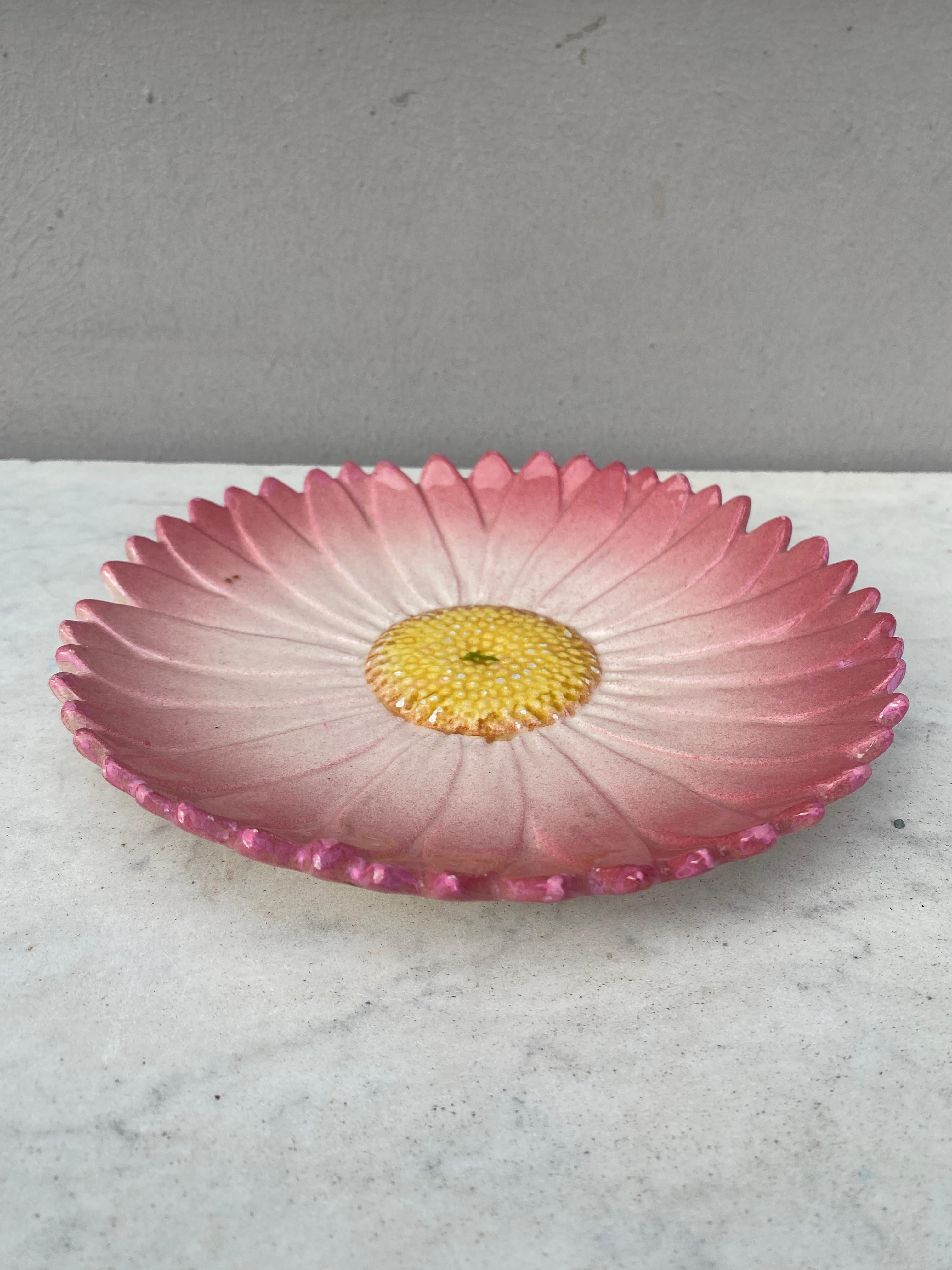 Art Nouveau 19th Century French Majolica Pink Daisy Plate Delphin Massier For Sale