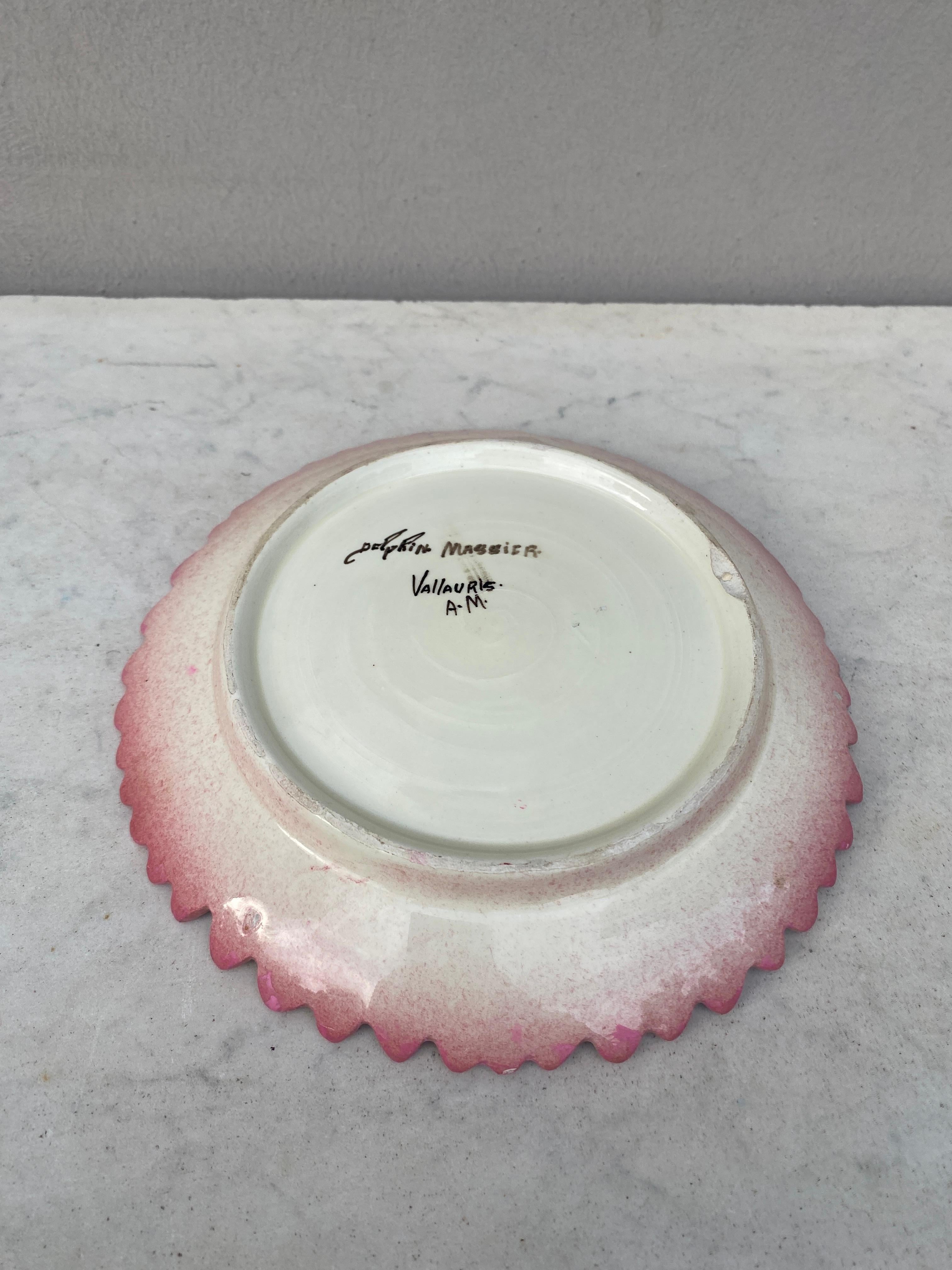 19th Century French Majolica Pink Daisy Plate Delphin Massier In Good Condition For Sale In Austin, TX