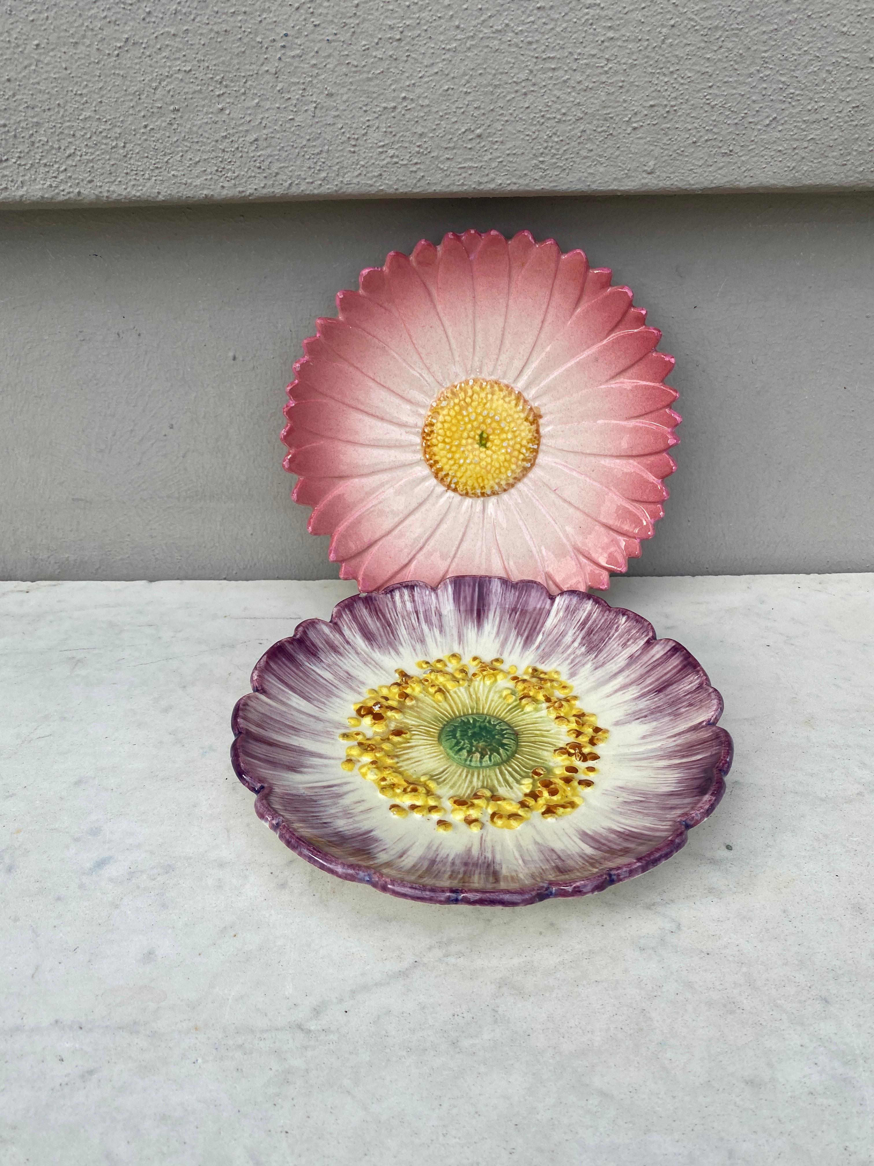 Late 19th Century 19th Century French Majolica Pink Daisy Plate Delphin Massier For Sale