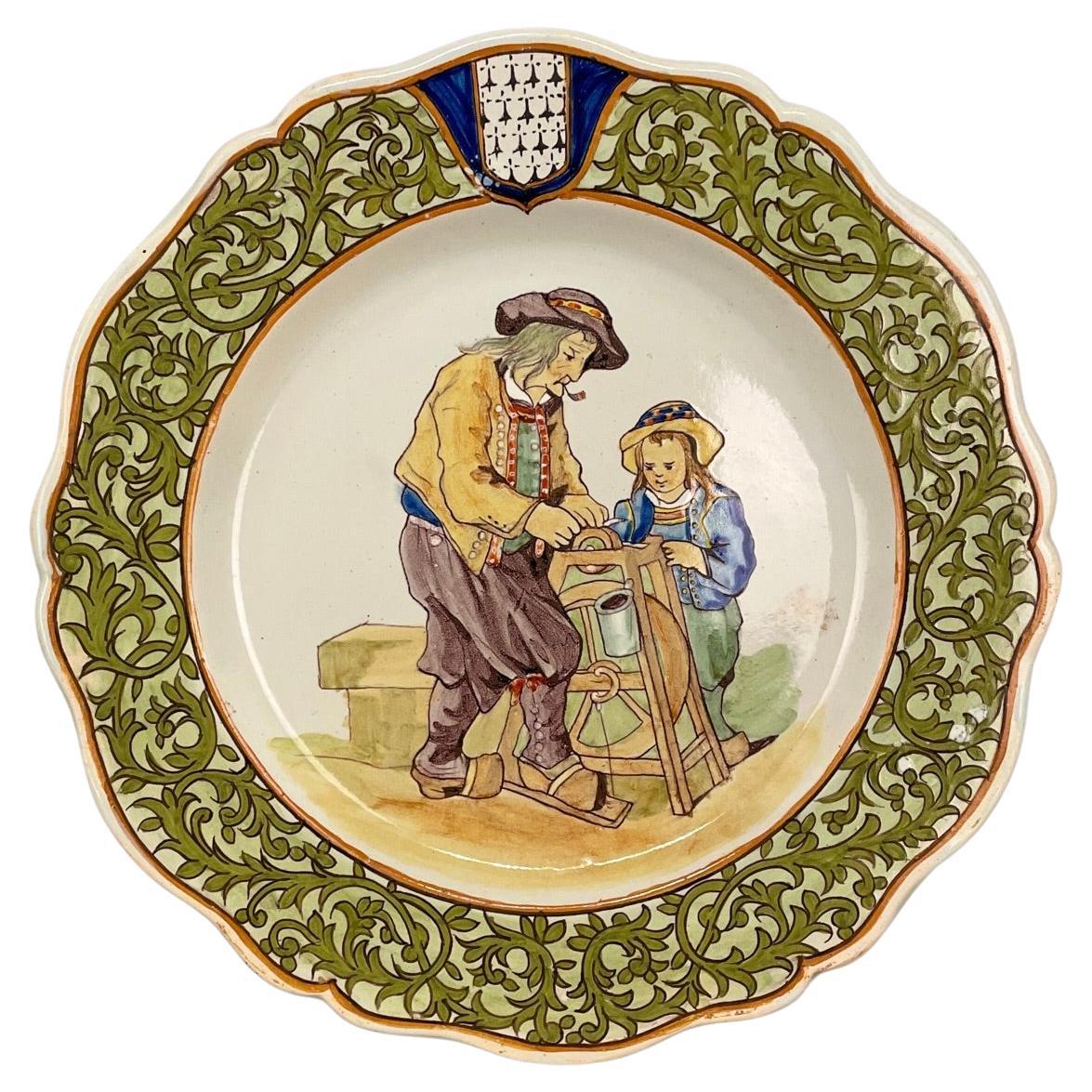 19th French Quimper Porquier Beau Plate For Sale