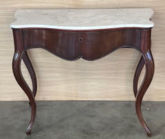 19th French Regency Carved Walnut Console Table with Drawer & Marble Top