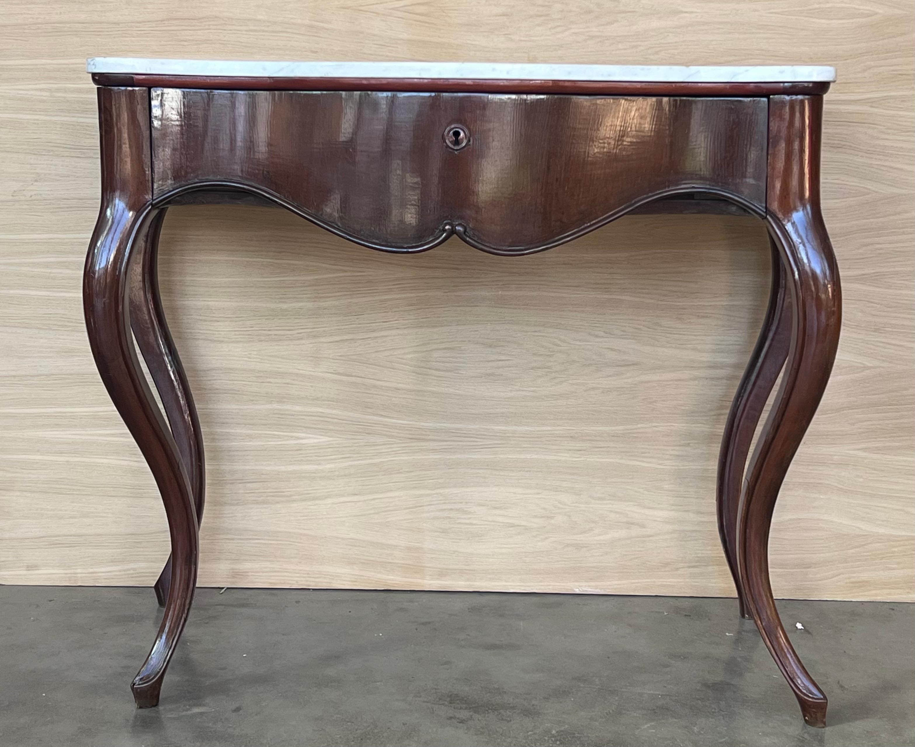 19th French Regency Carved Walnut Console Table with Drawer & Marble Top In Good Condition For Sale In Miami, FL