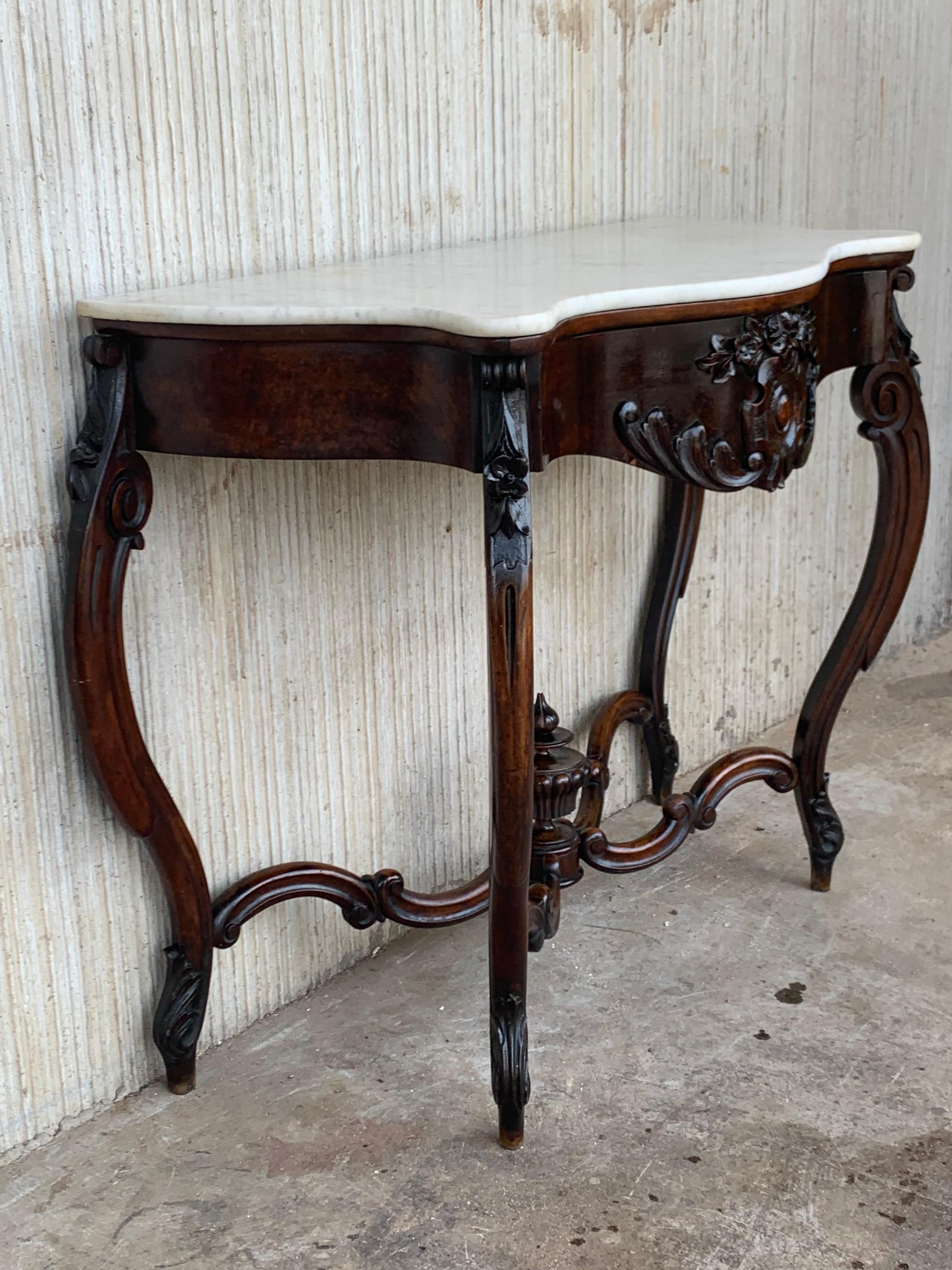 19th French Regency Carved Walnut Console Table with Drawer & Marble Top In Good Condition For Sale In Miami, FL