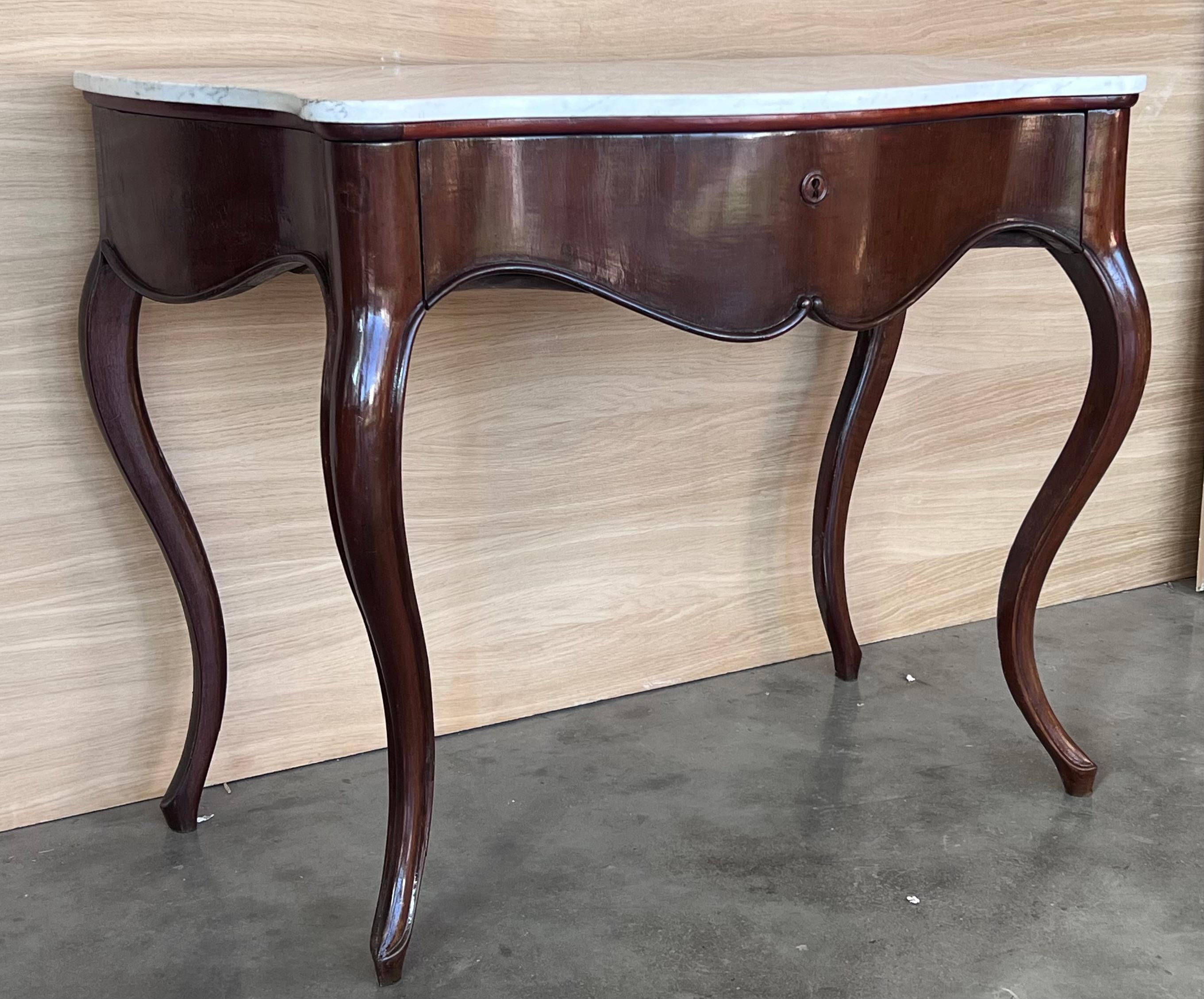 19th Century 19th French Regency Carved Walnut Console Table with Drawer & Marble Top For Sale