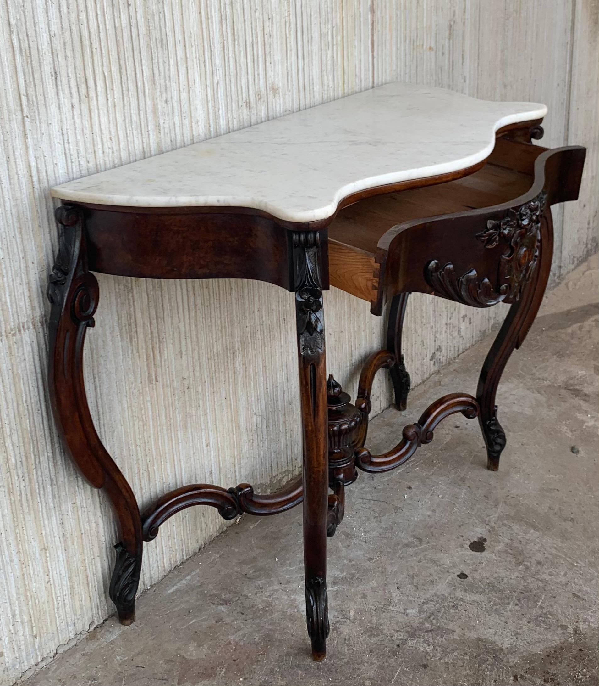 19th Century 19th French Regency Carved Walnut Console Table with Drawer & Marble Top For Sale