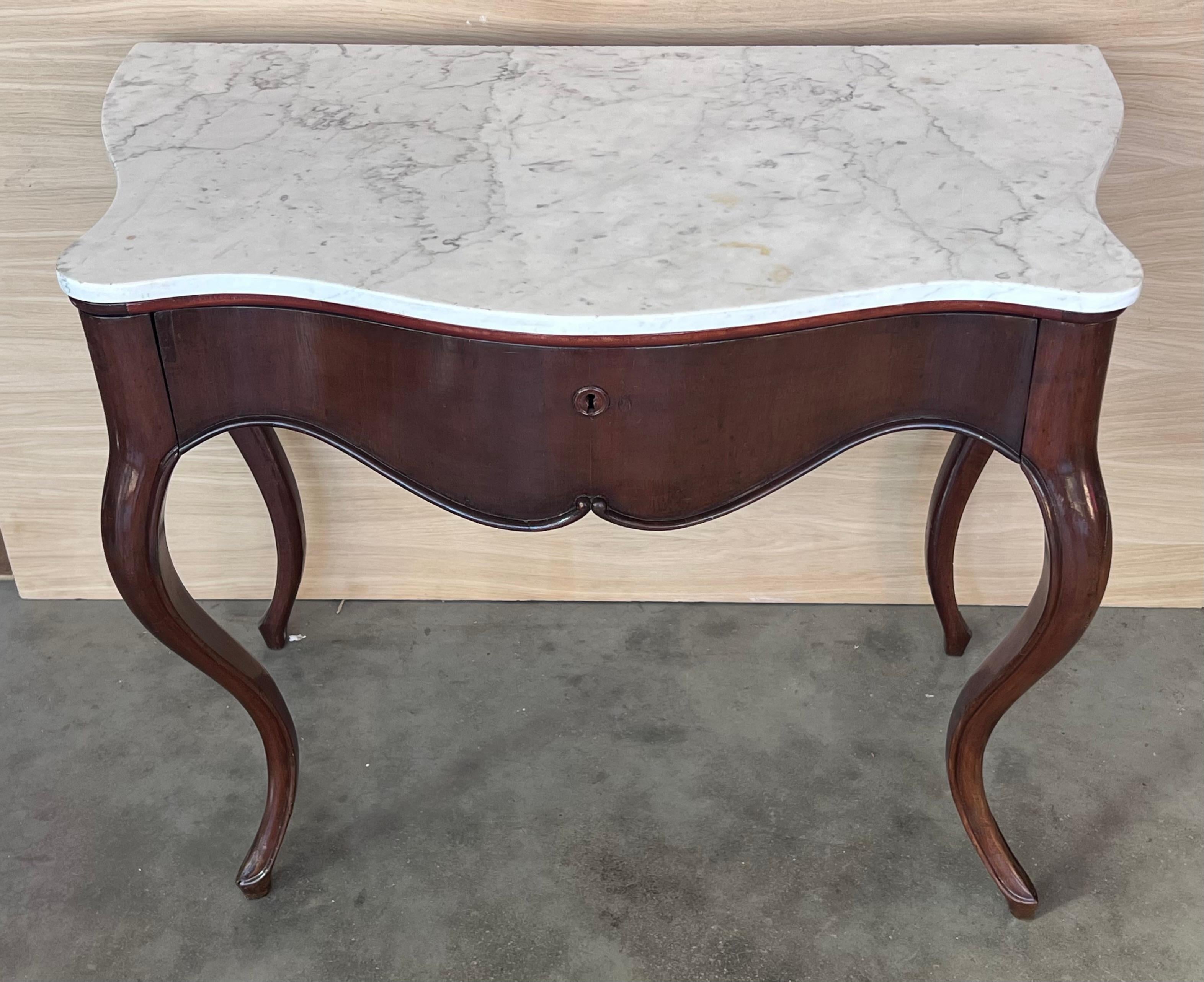 19th French Regency Carved Walnut Console Table with Drawer & Marble Top For Sale 1