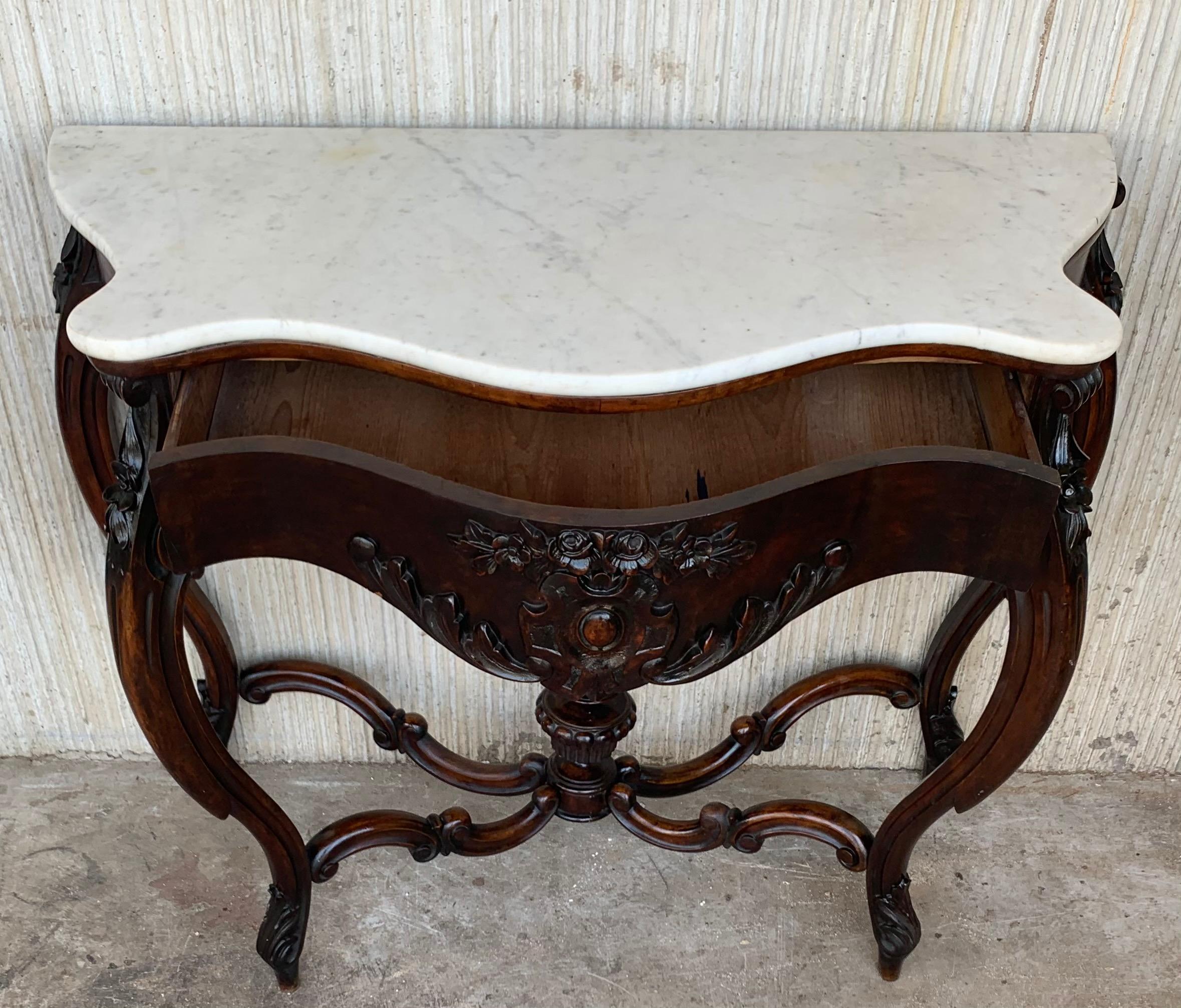 19th French Regency Carved Walnut Console Table with Drawer & Marble Top For Sale 1