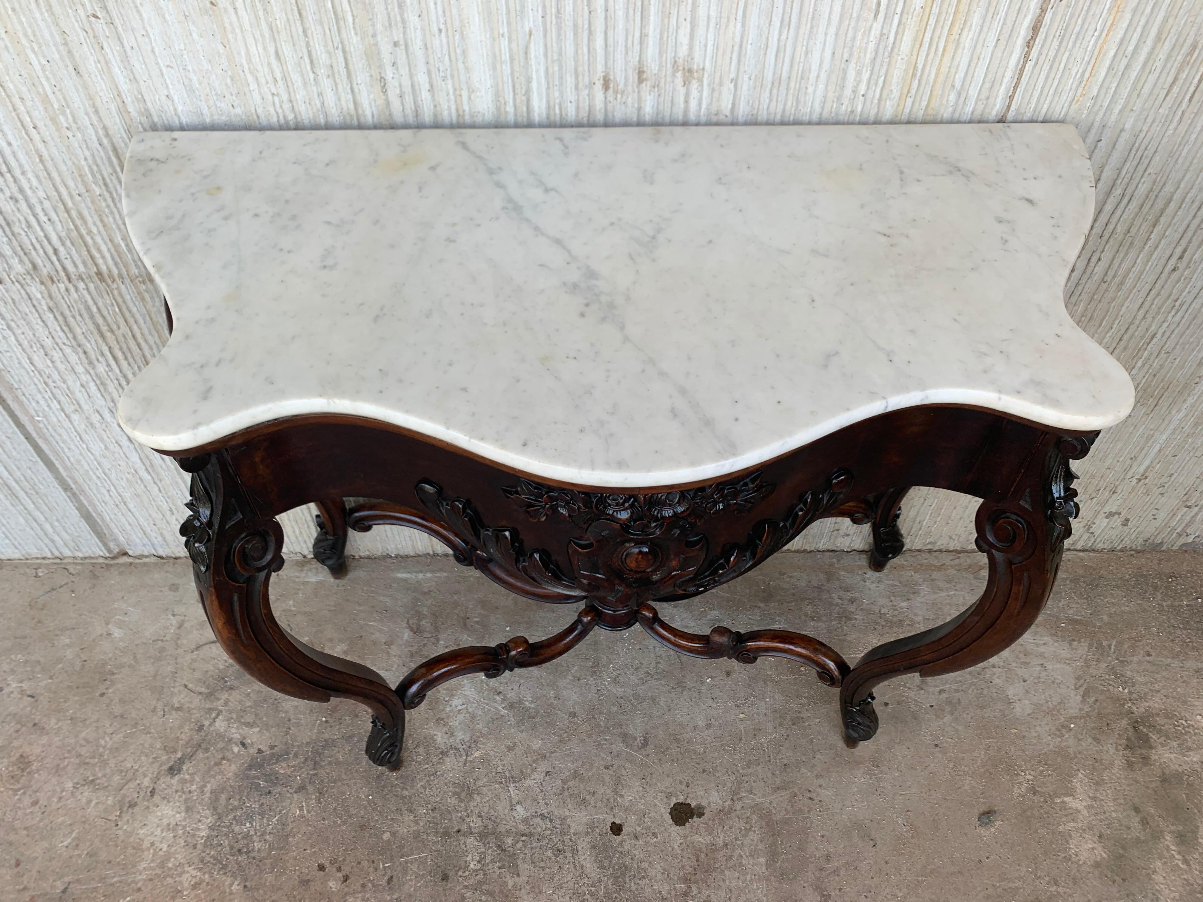 19th French Regency Carved Walnut Console Table with Drawer & Marble Top For Sale 2