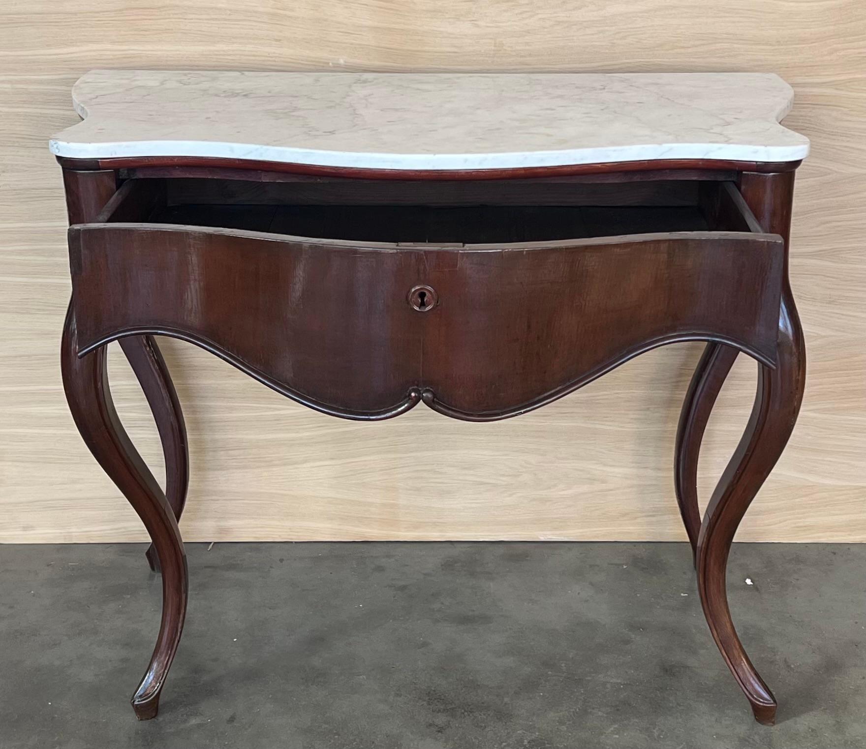 19th French Regency Carved Walnut Console Table with Drawer & Marble Top For Sale 4