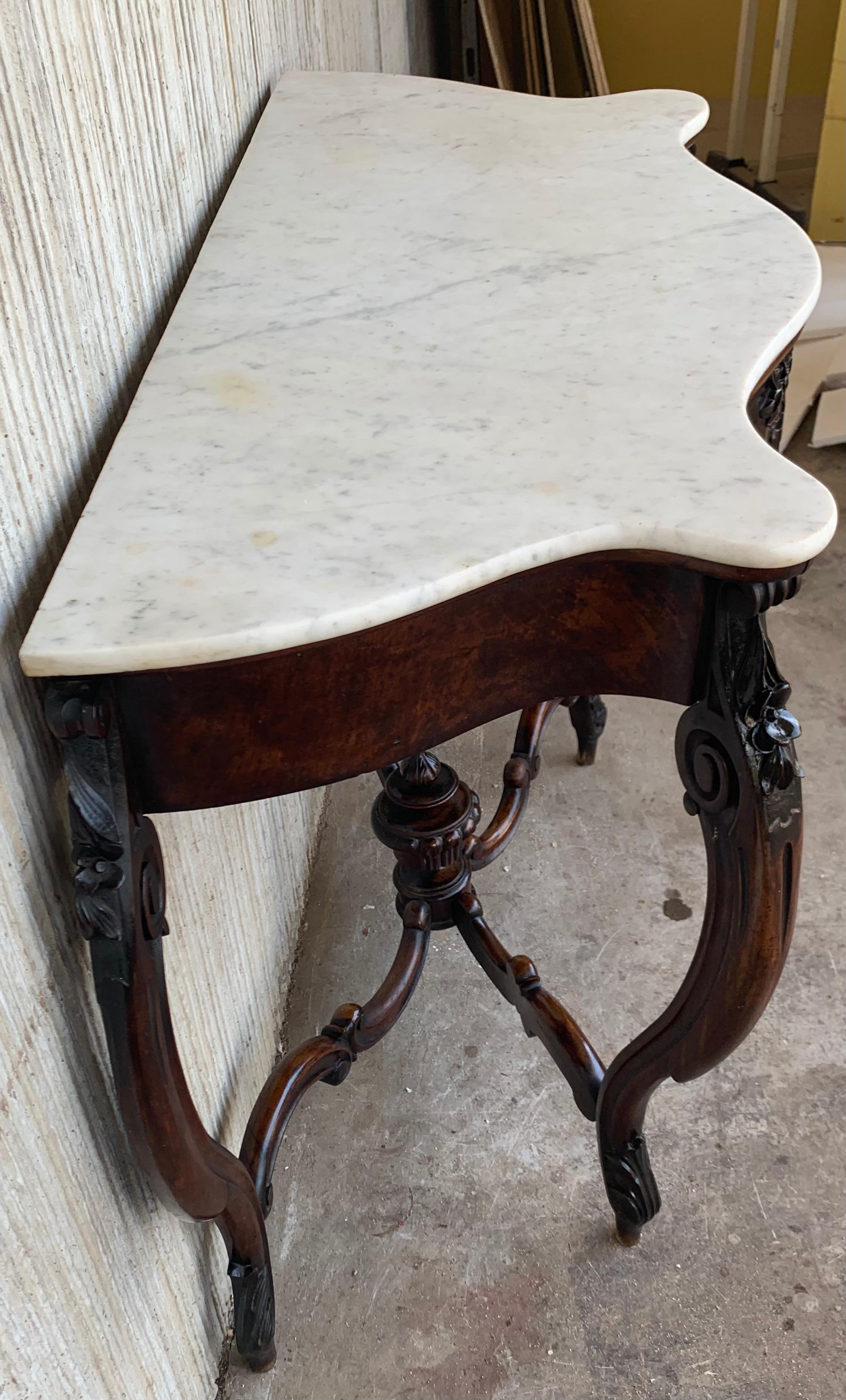 19th French Regency Carved Walnut Console Table with Drawer & Marble Top For Sale 4