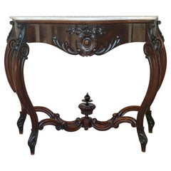 Antique 19th French Regency Carved Walnut Console Table with Drawer & Marble Top