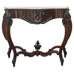 Console de style Régence française du XIXe siècle en noyer sculpté avec tiroir et plateau en marbre