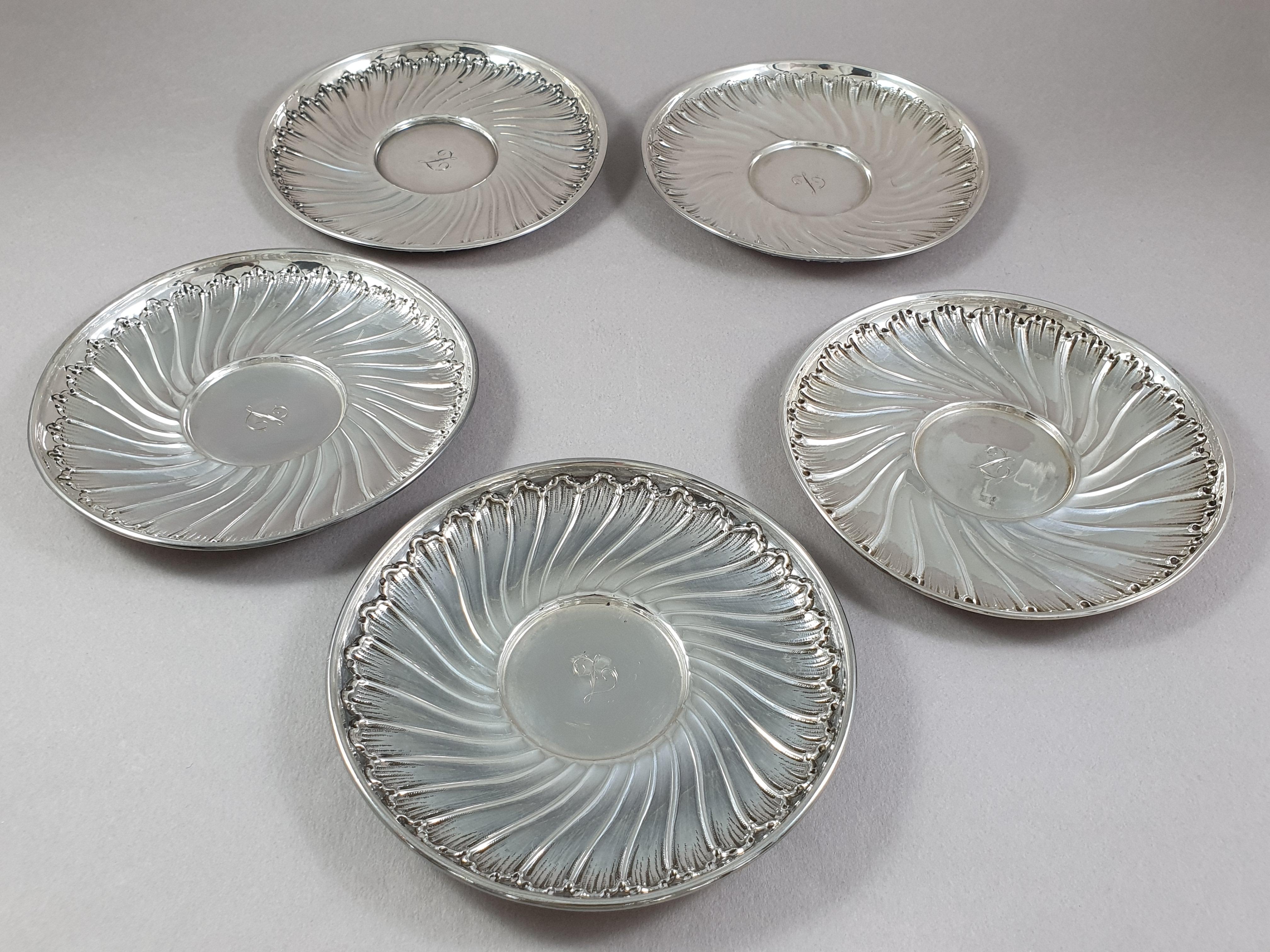 Late 19th Century 19th French Set of 5 Sterling Silver Tea Cups and Saucers