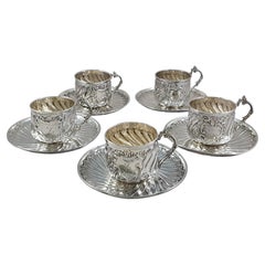 19th French Set of 5 Sterling Silver Tea Cups and Saucers