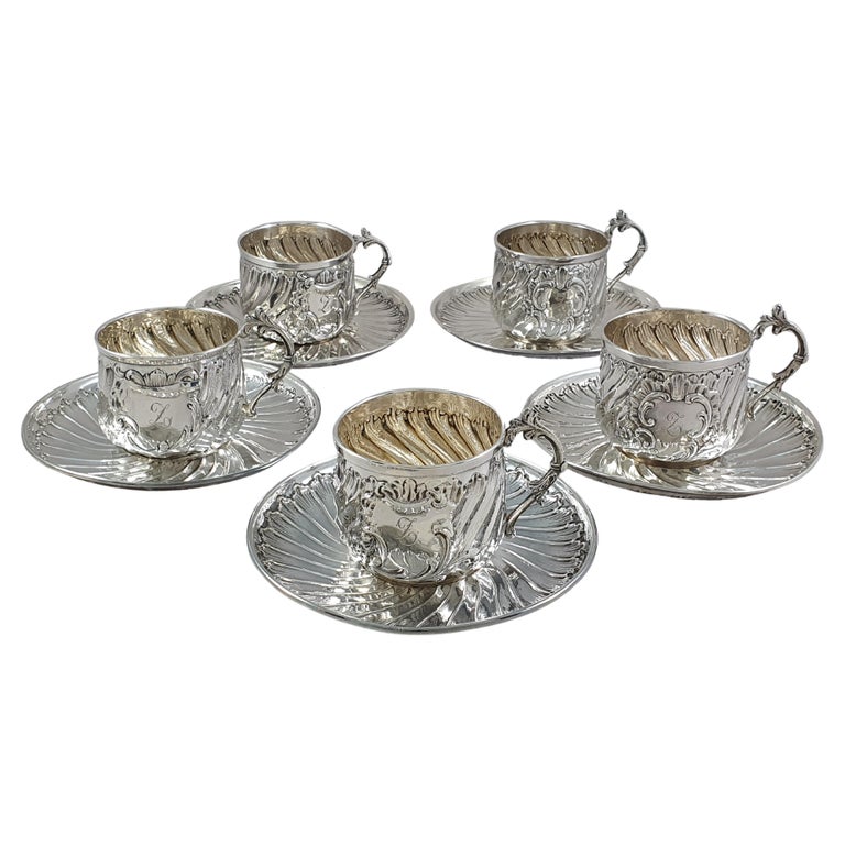 19th French Set of 5 Sterling Silver Tea Cups and Saucers at 1stDibs