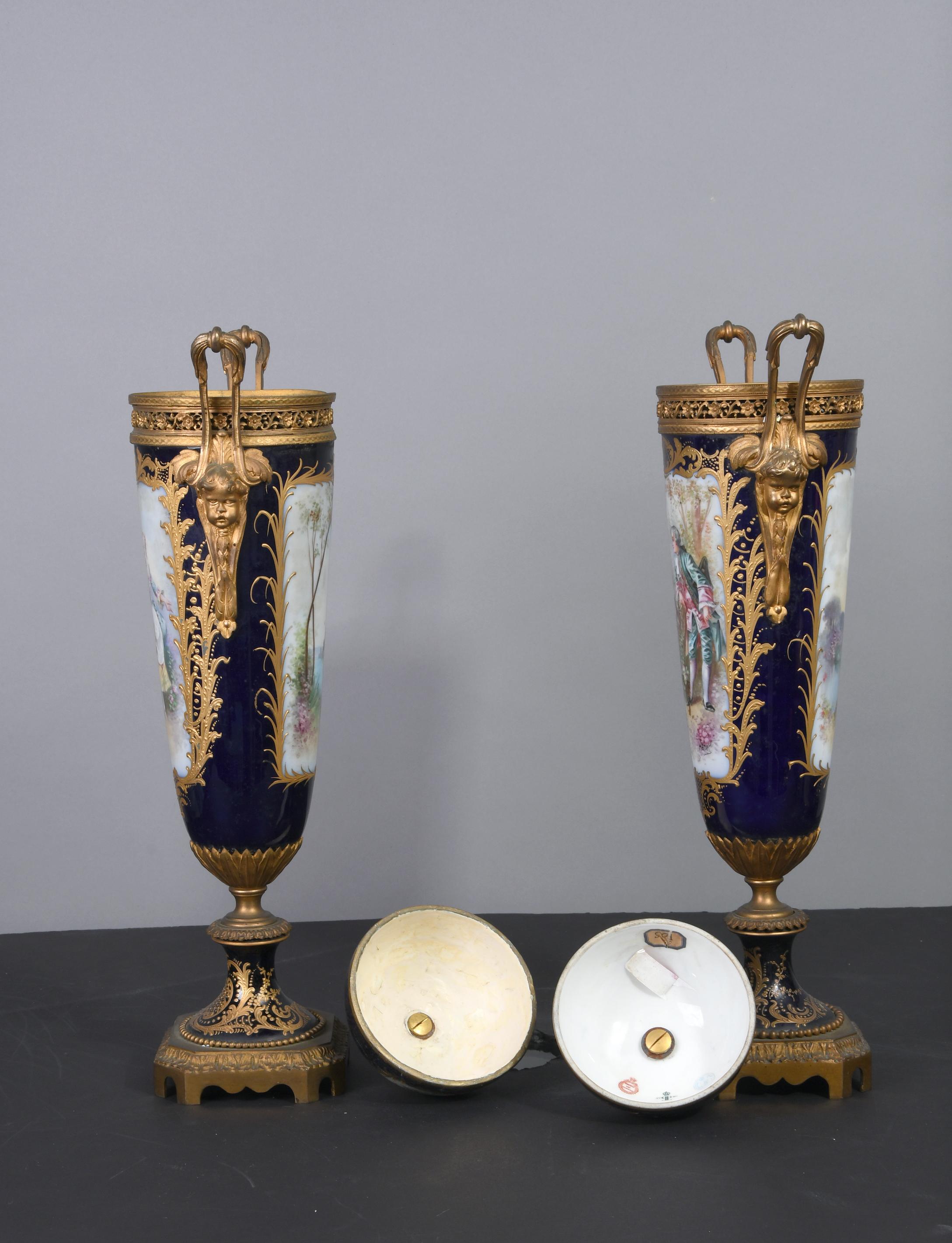 Louis XV 19th Century French Sevres Pair of Porcelain Bronze Covered Vases For Sale