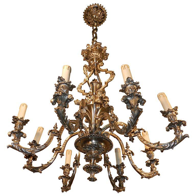 Louis XIII 19th French Silvered Bronze Neoclassical Eight-Light Chandelier For Sale